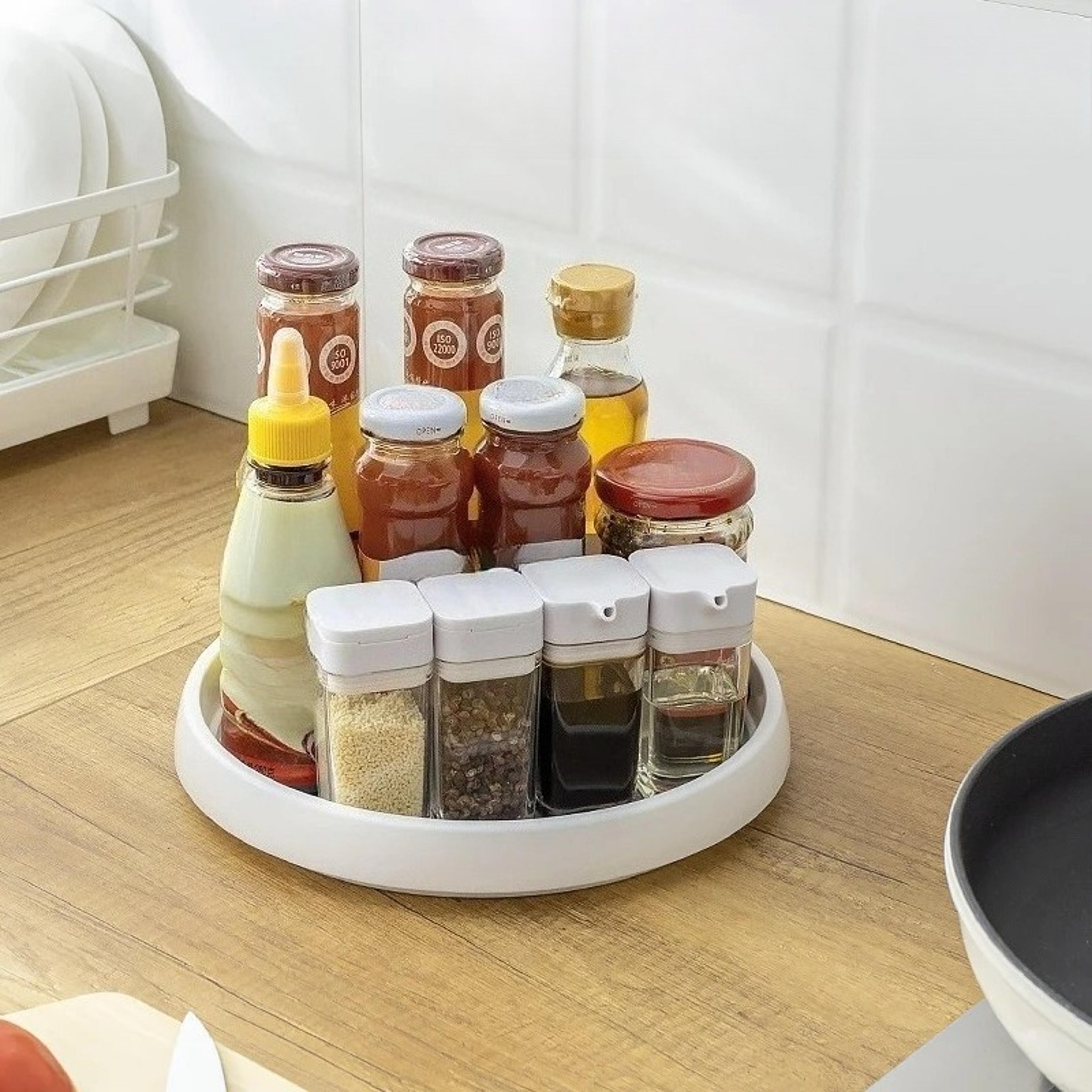 rotating spice rack kitchen storage organizer for condiments and tableware