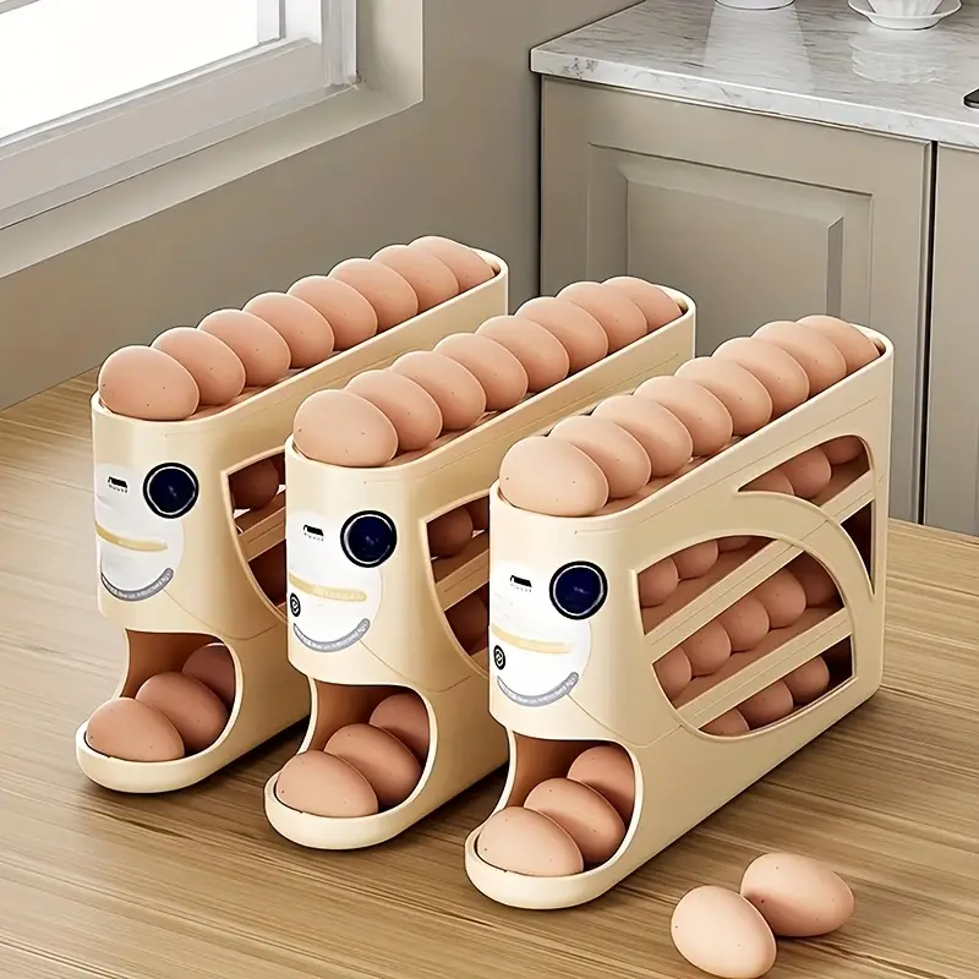 auto rolling egg storage rack for refrigerator space saving organizer