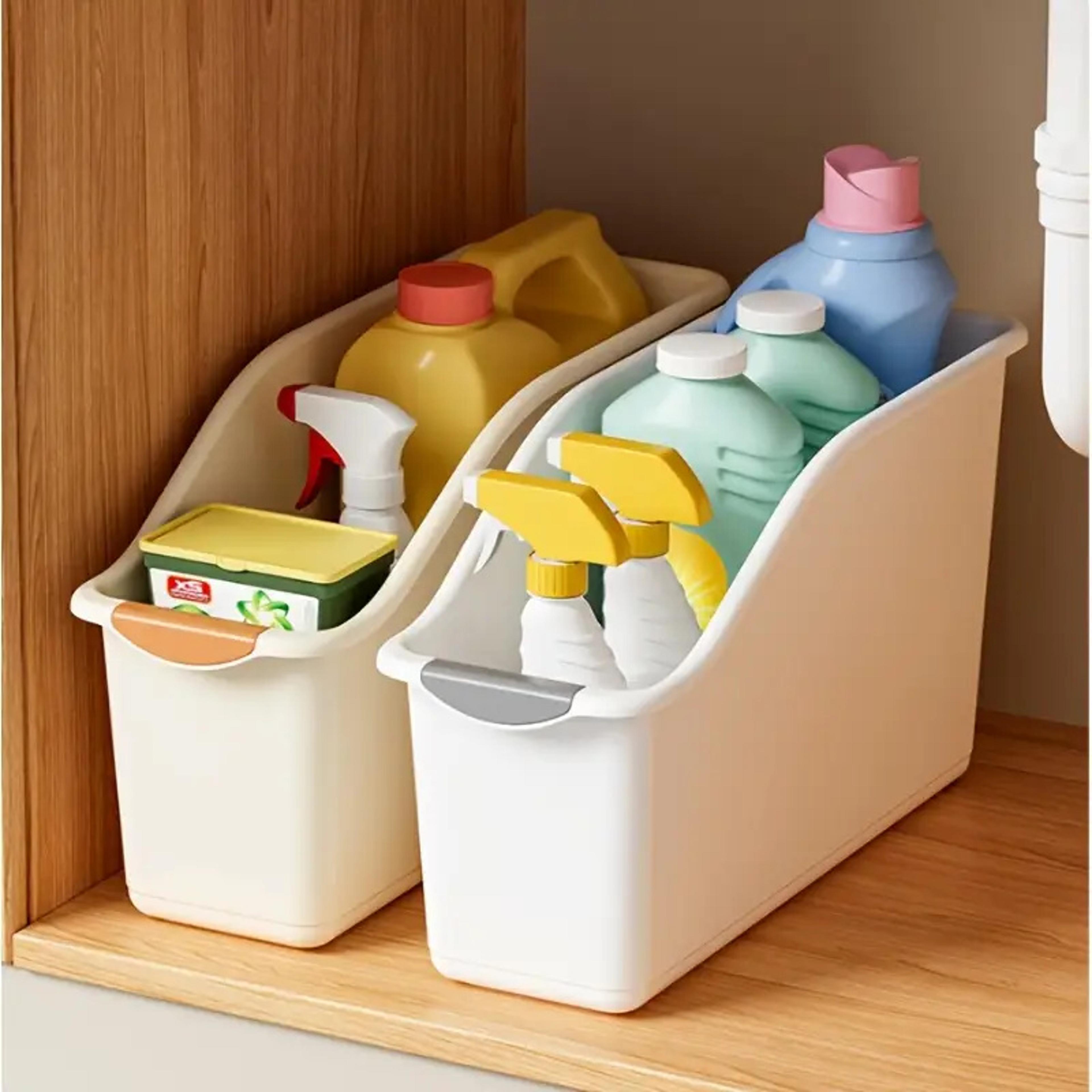 curved plastic storage bins for home organization and cleaning supplies