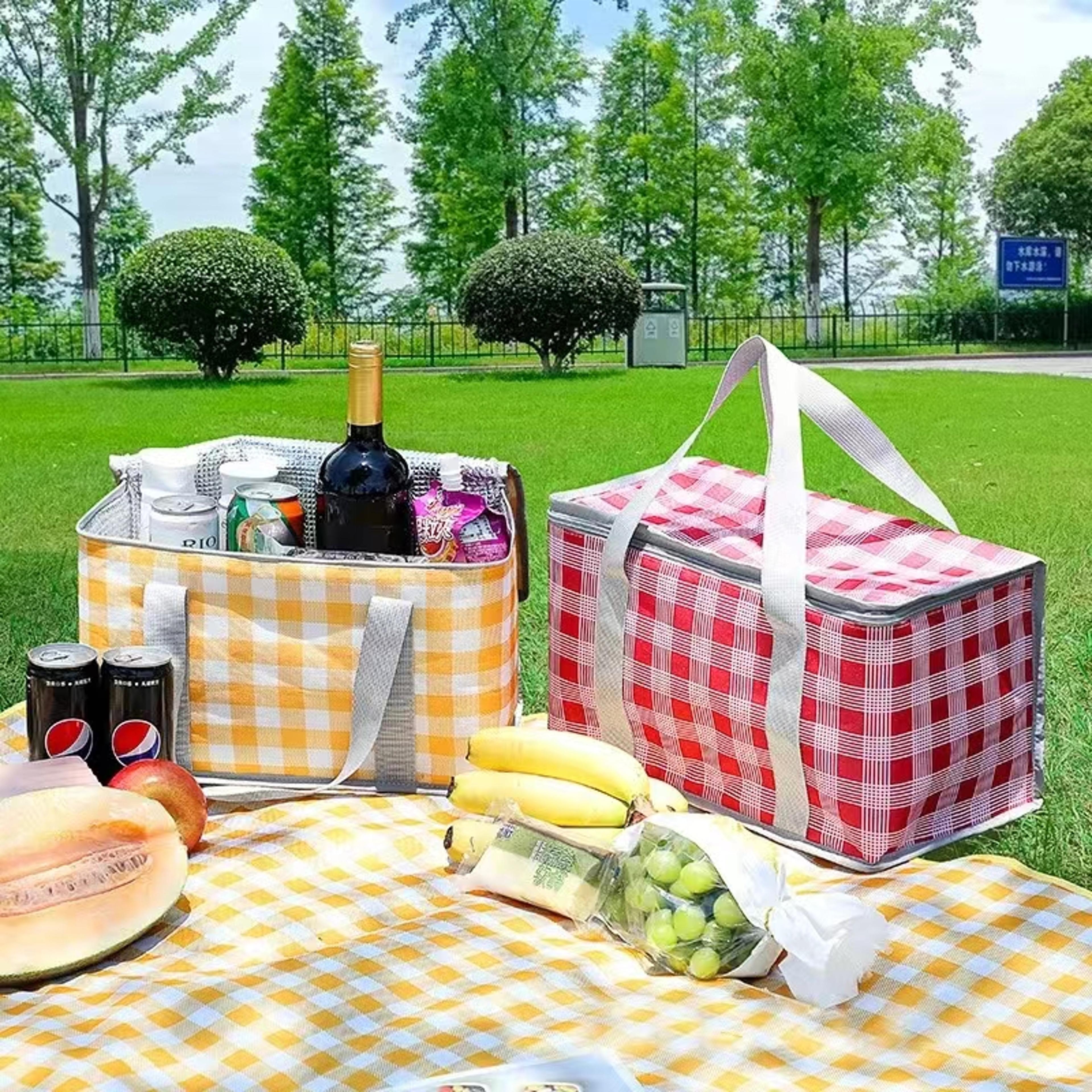checkered insulated picnic bag large capacity portable cooler bag for camping travel and beach