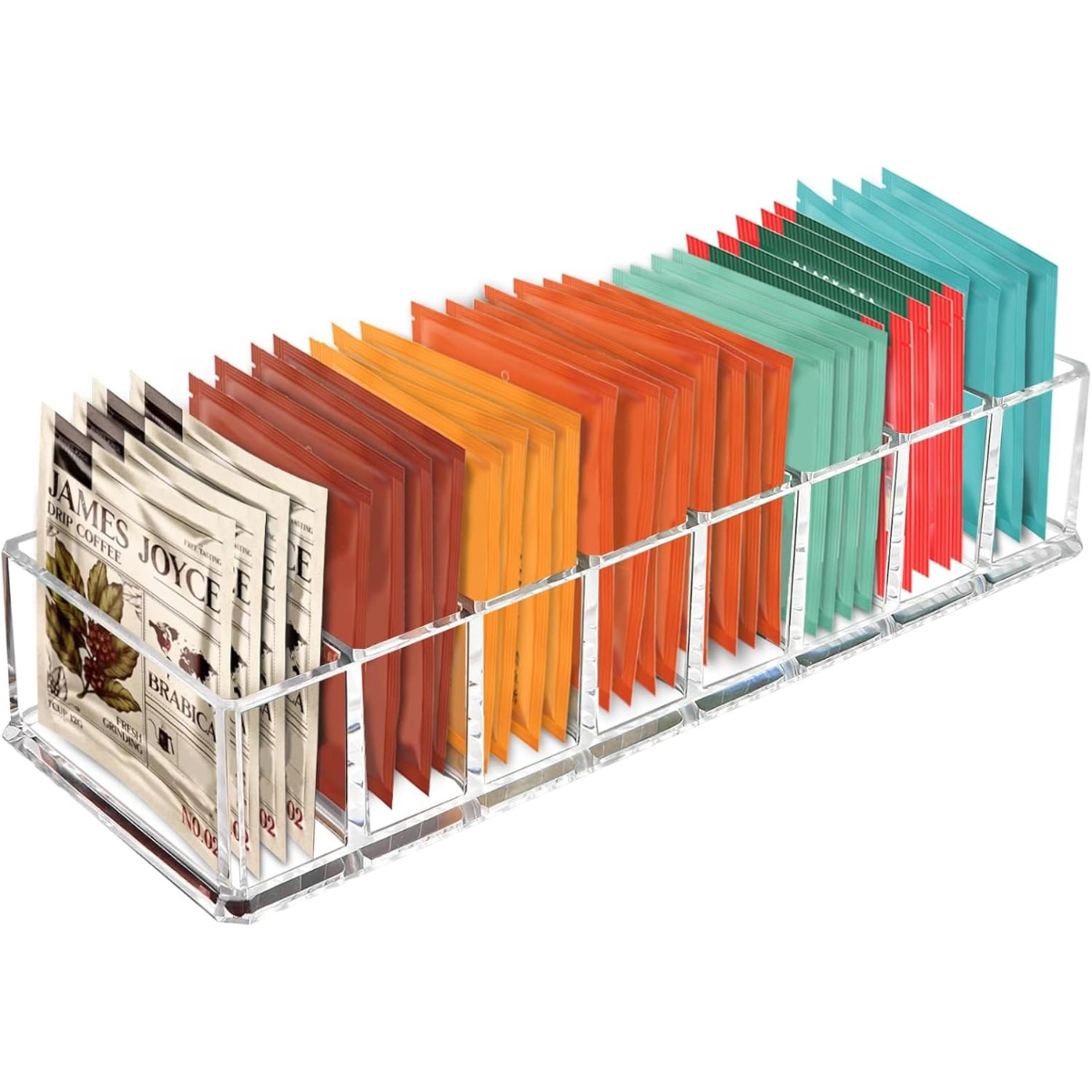 clear acrylic tea bag organizer with compartments for drawer pantry and countertop