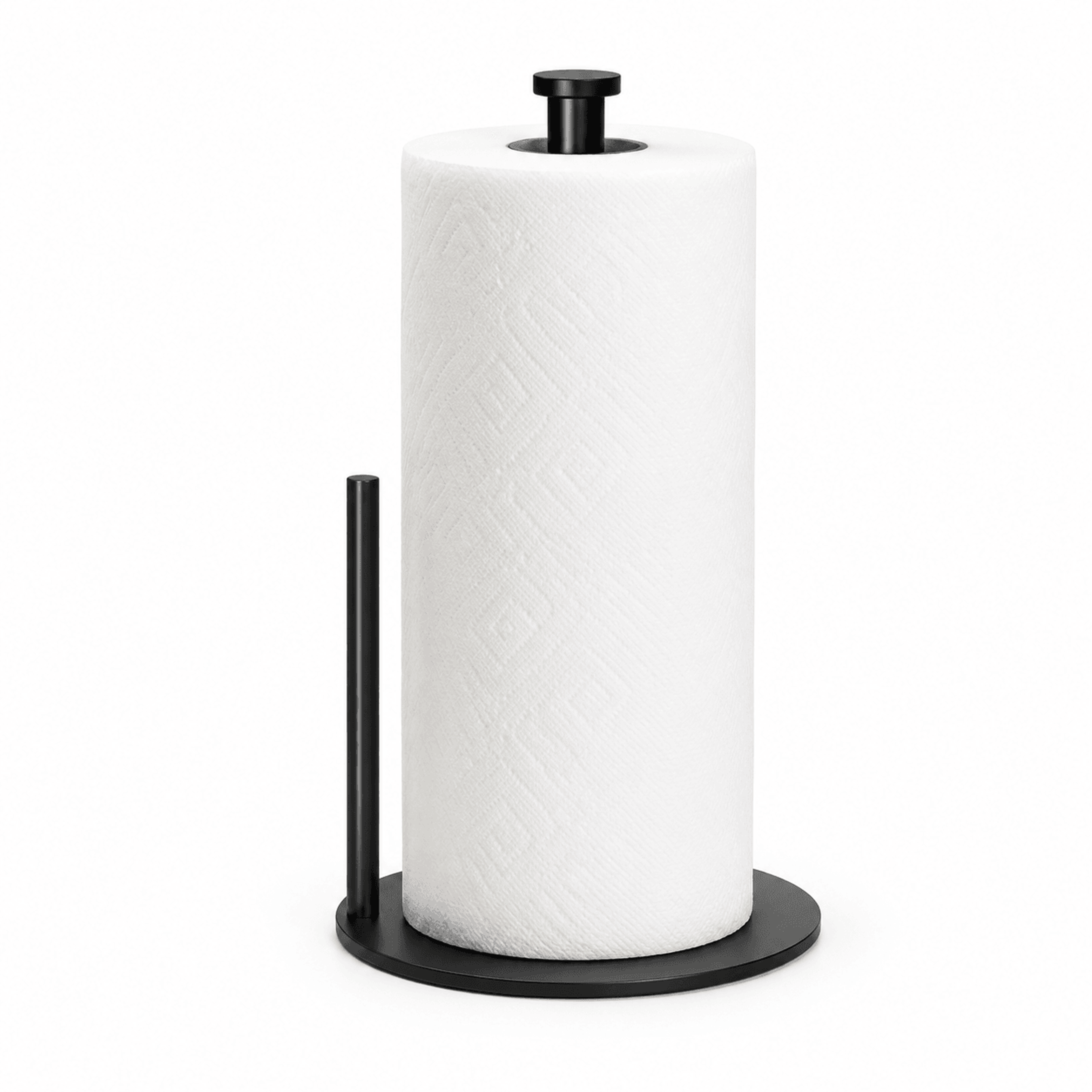 black stainless steel paper towel holder with weighted base for kitchen counter