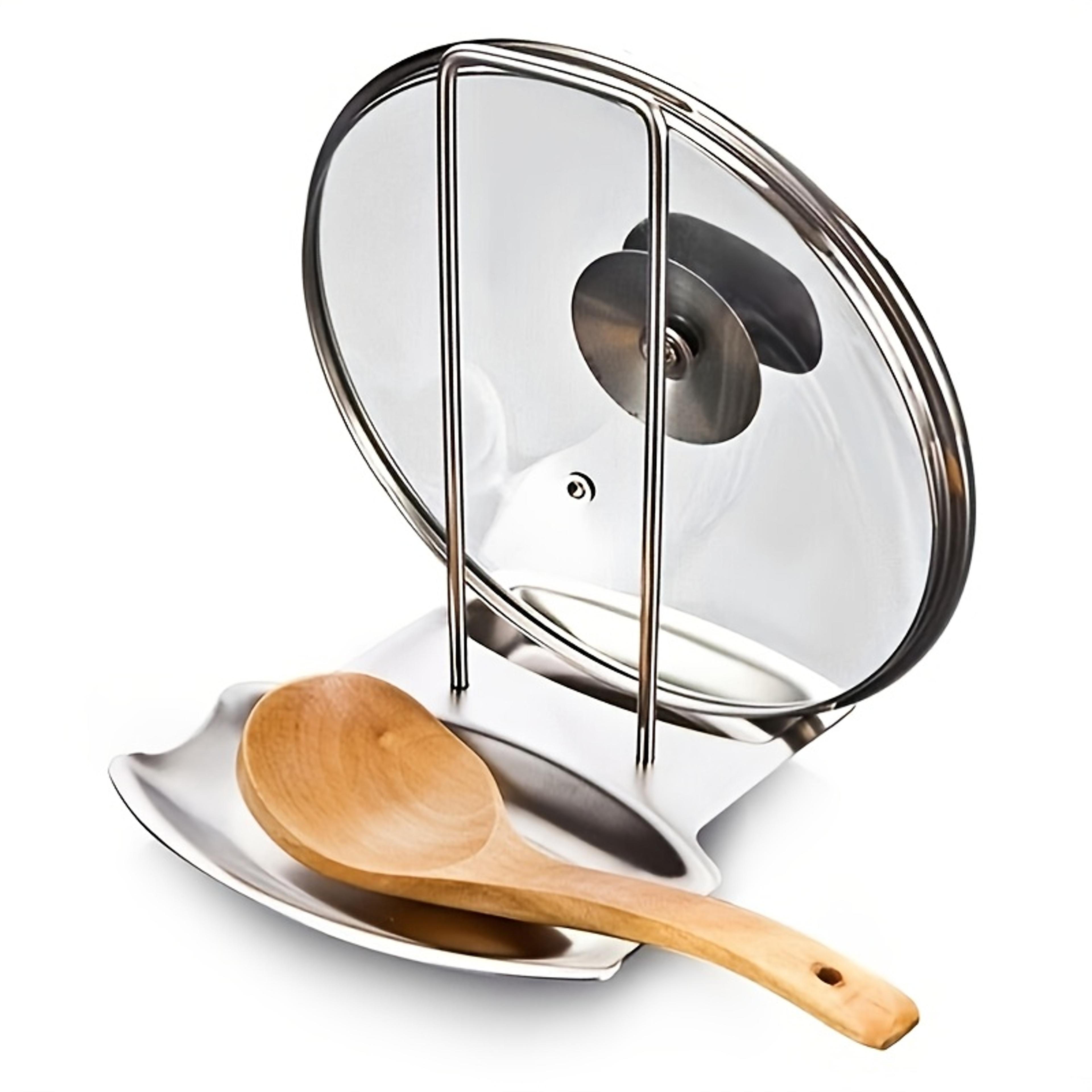 stainless steel pot lid and spoon rest holder rack with draining tray for kitchen countertop