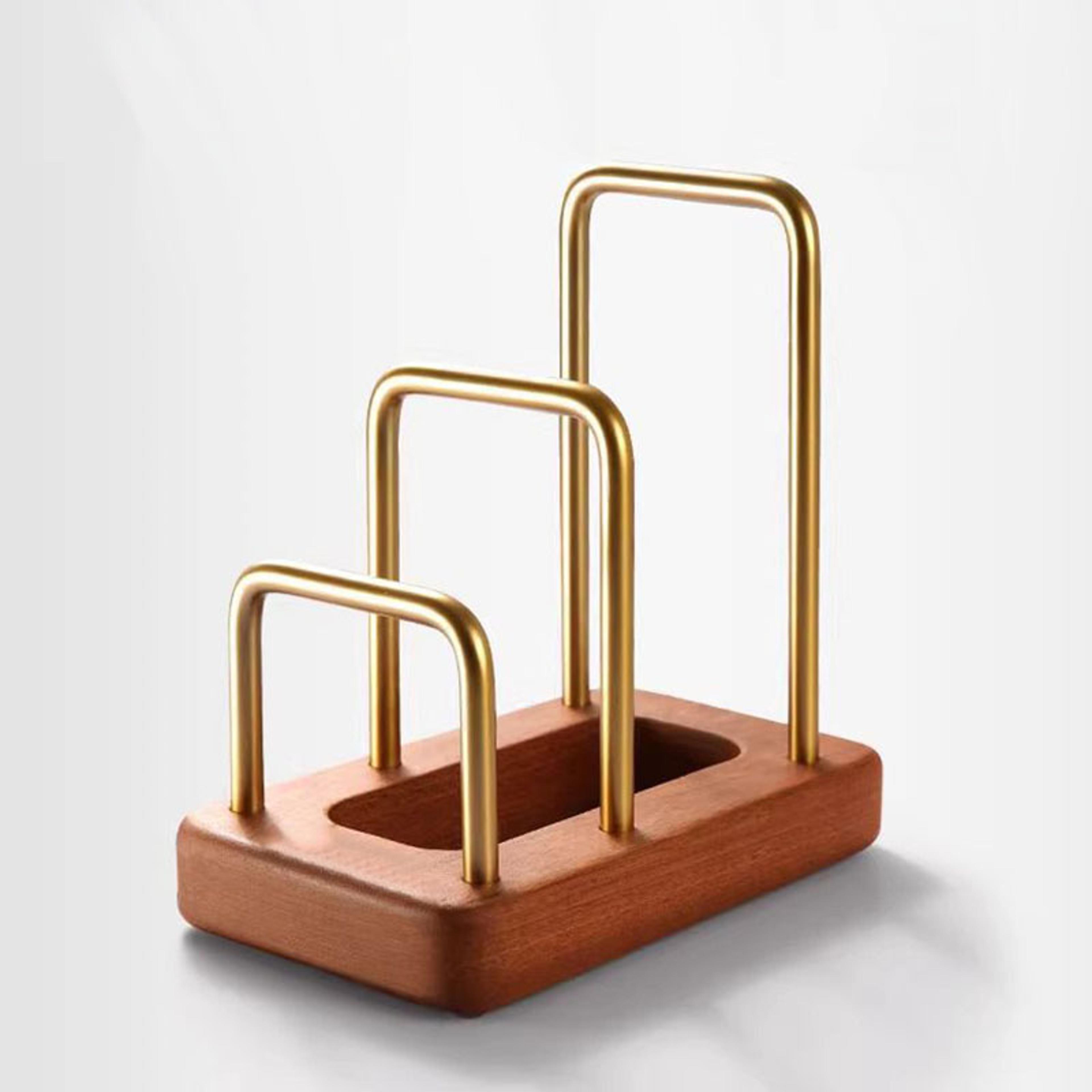 solid wood cutting board organizer rack with pot lid storage for kitchen countertop