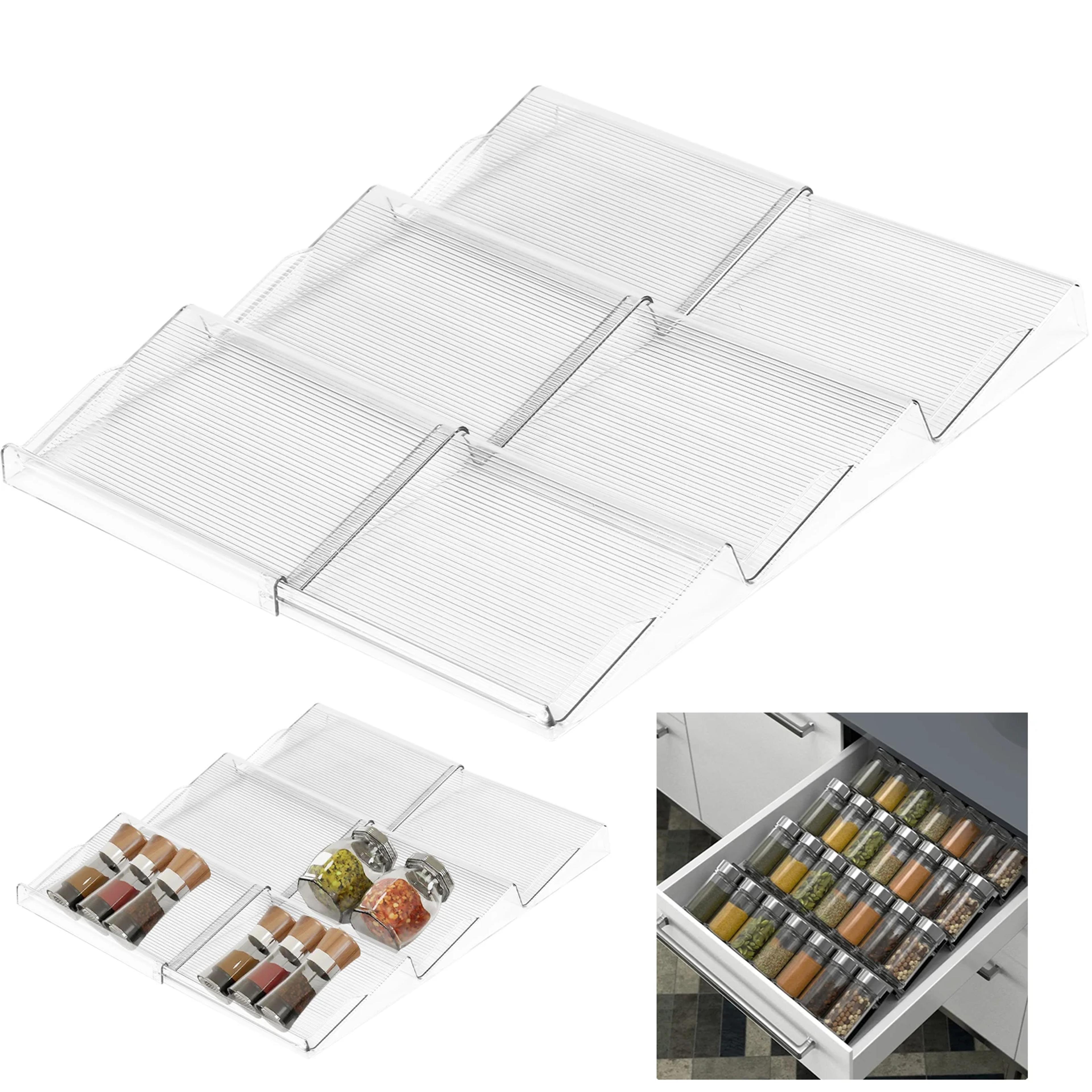 expandable three tier spice drawer organizer for cabinets and countertops
