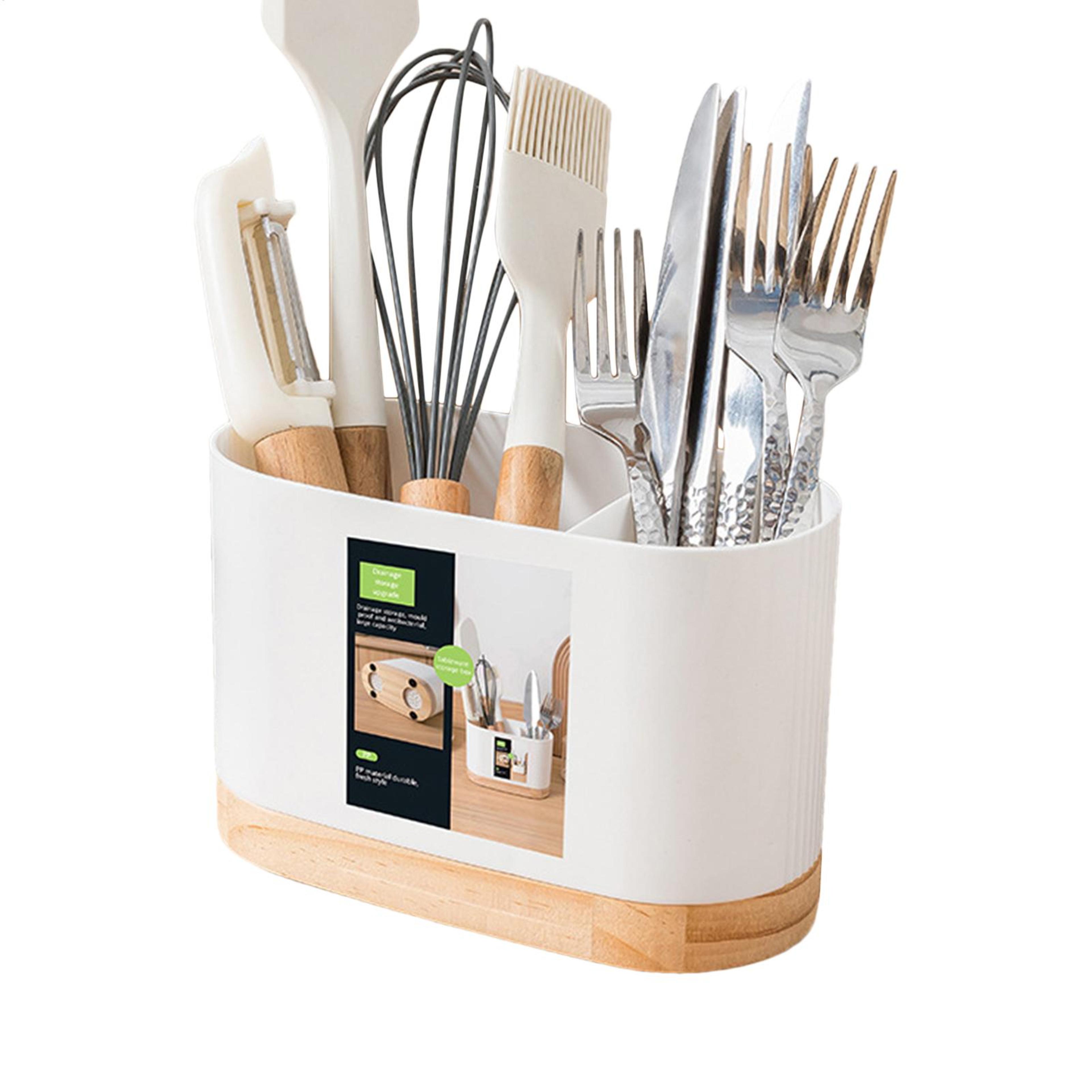 dual slot utensil holder and cutlery organizer for kitchen counter storage