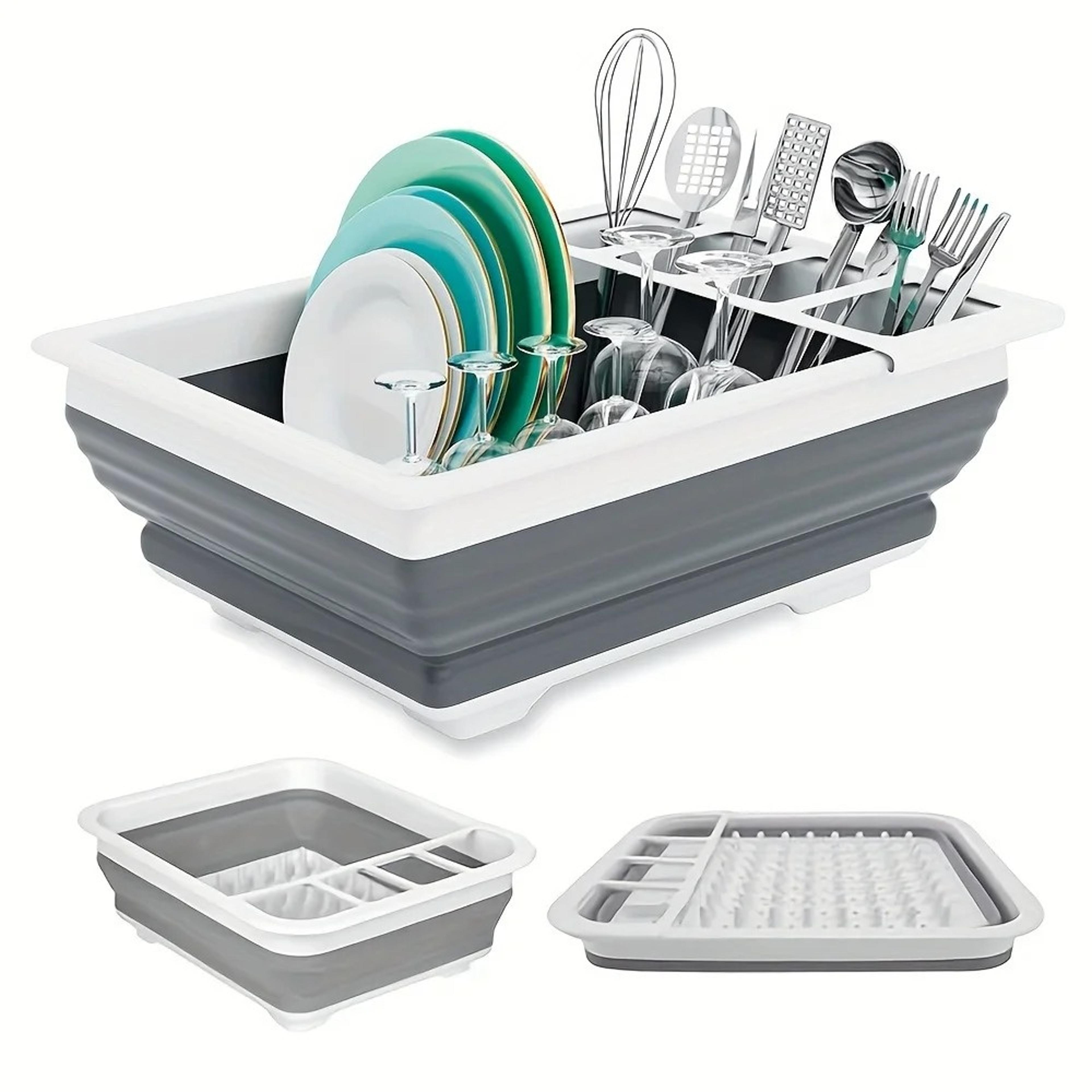 collapsible dish drying rack with utensil holder for rv camping and travel
