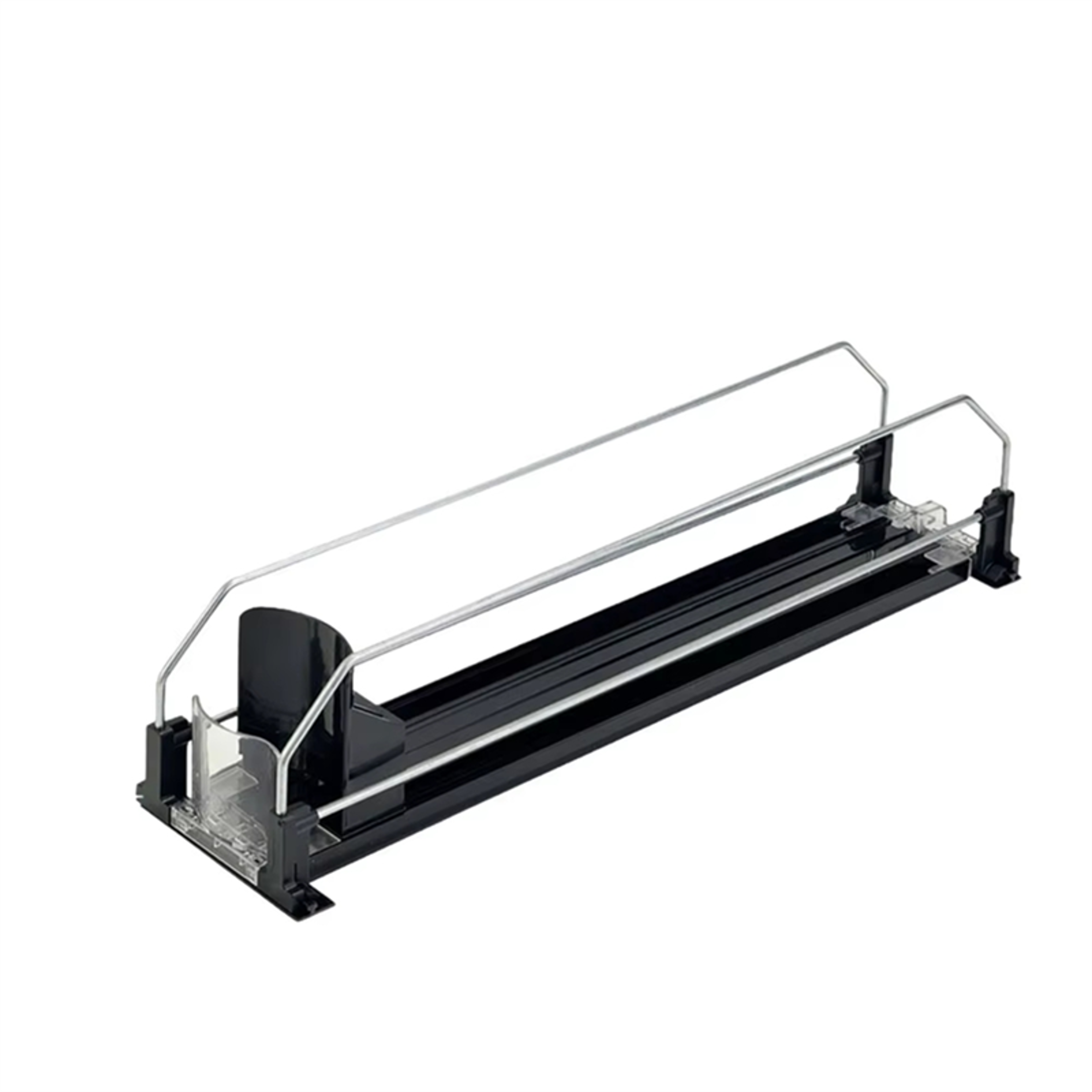 automatic refrigerator drink organizer and soda can dispenser with self pushing glide