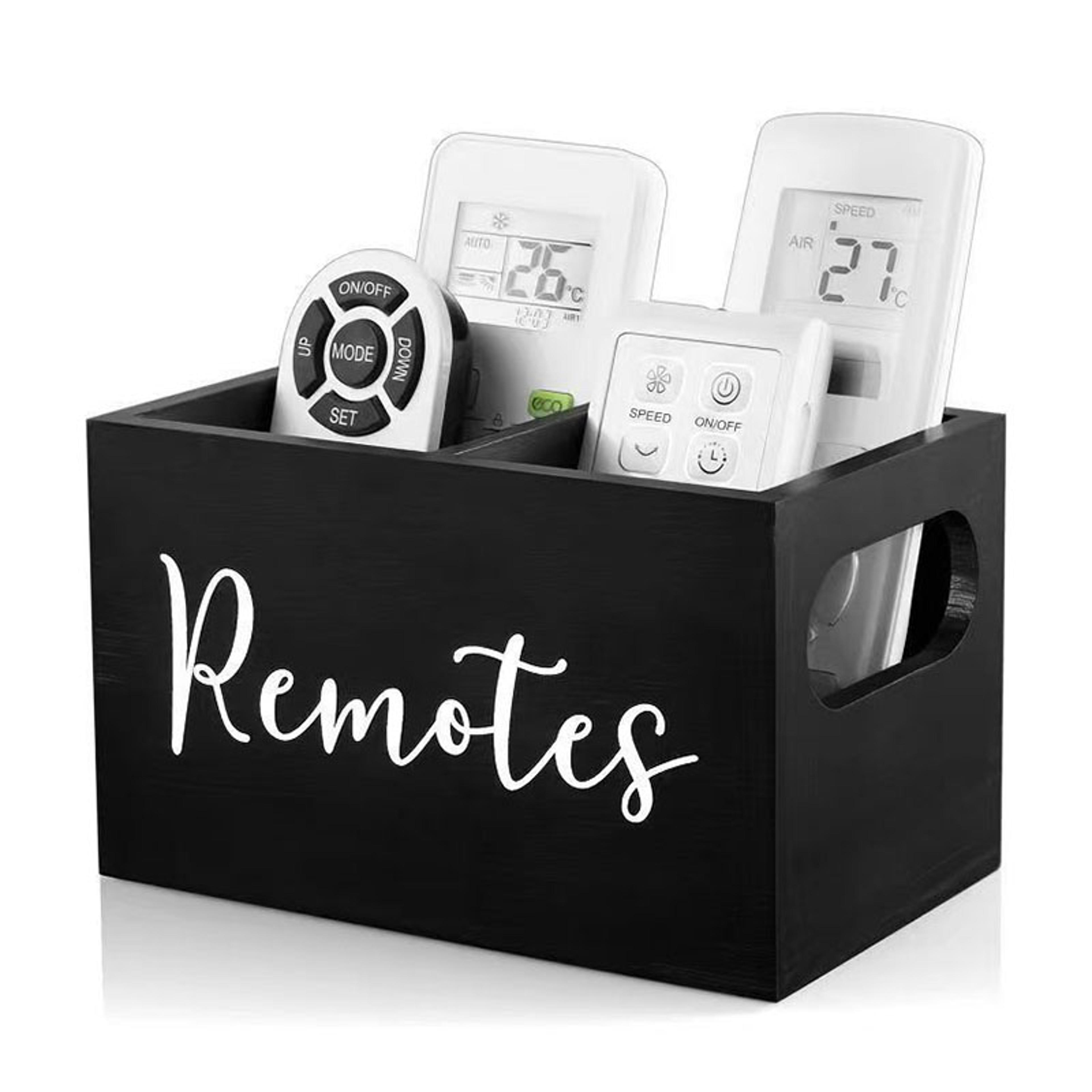 wooden remote control holder box with dividers for tea bags makeup and desk storage