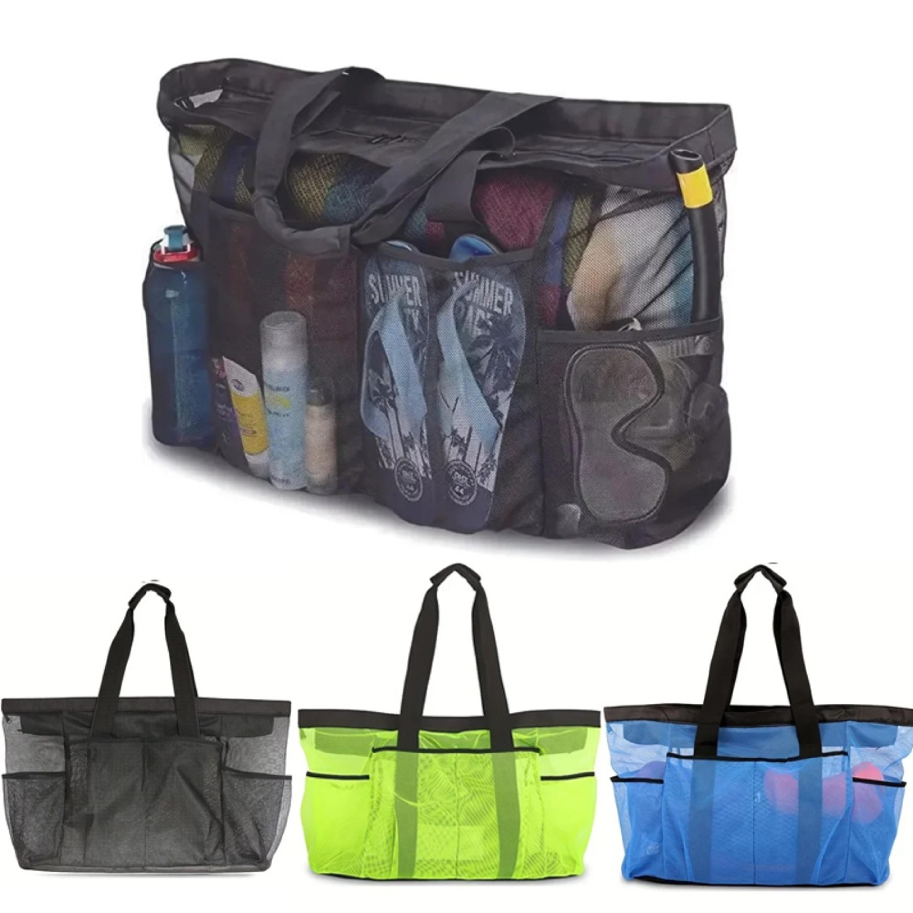 large mesh beach tote bag with zipper pockets for family trips