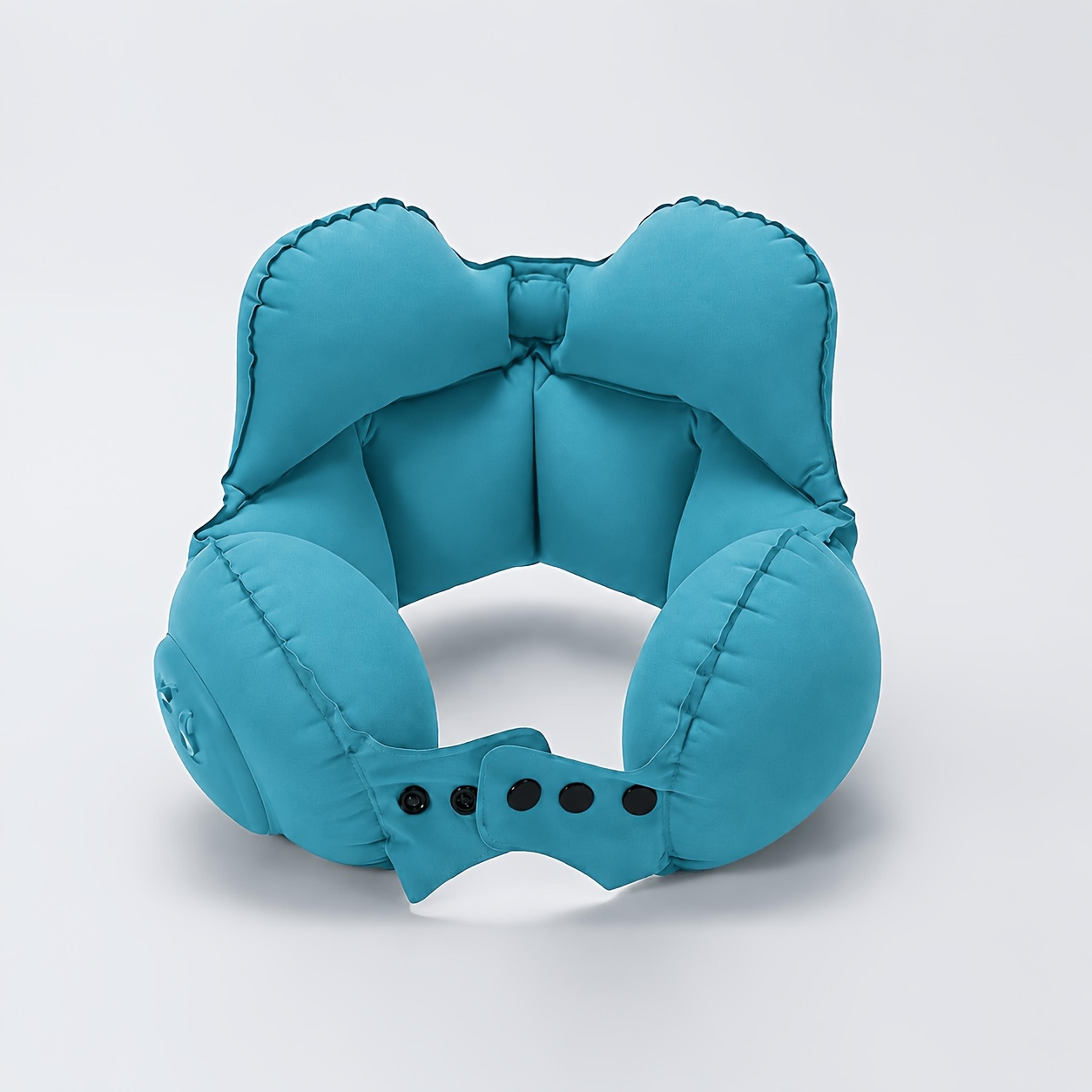 portable inflatable travel neck pillow with push button compression for airplane and car comfort