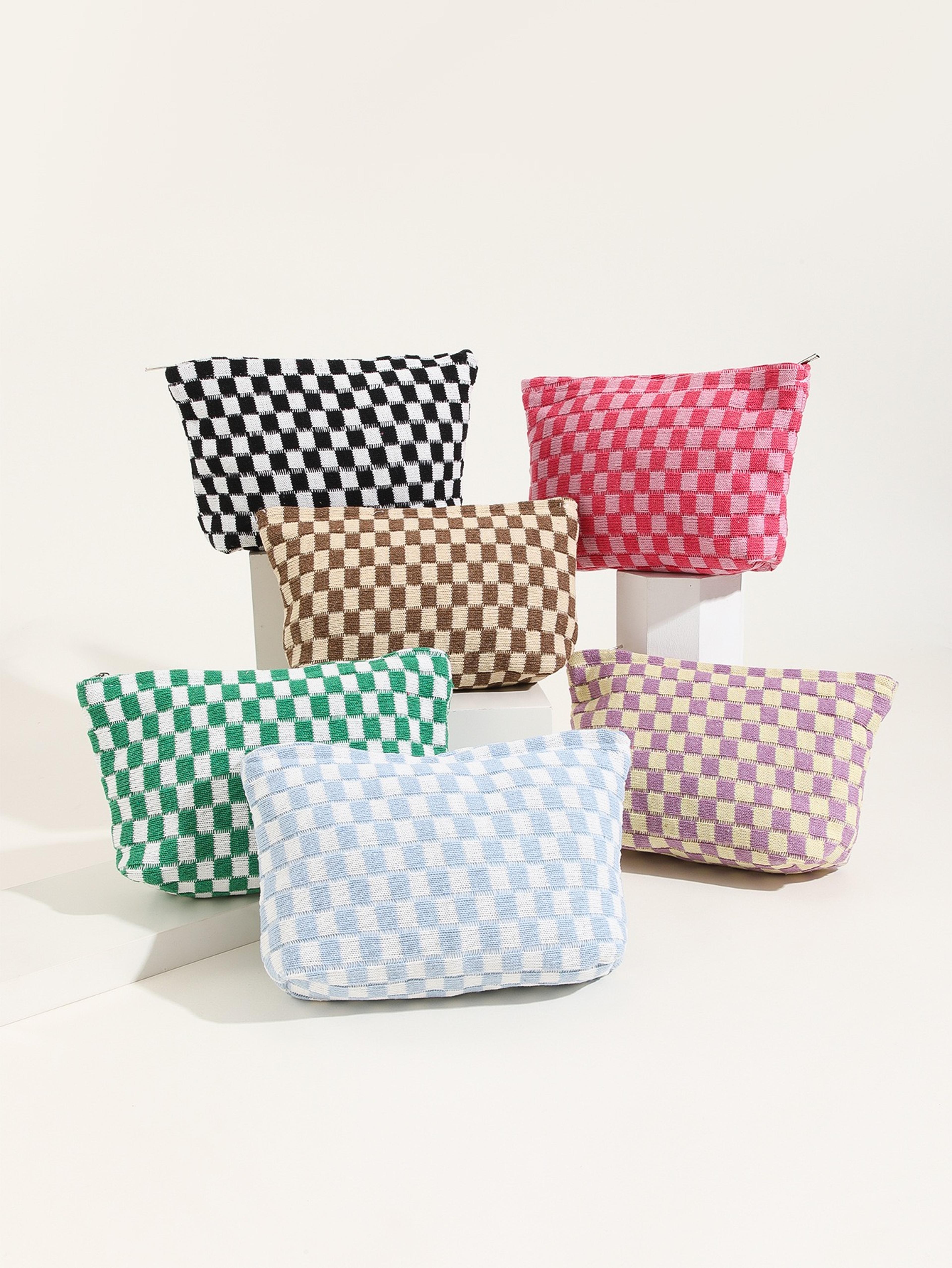 checkered makeup bag travel cosmetic organizer with brush storage for women
