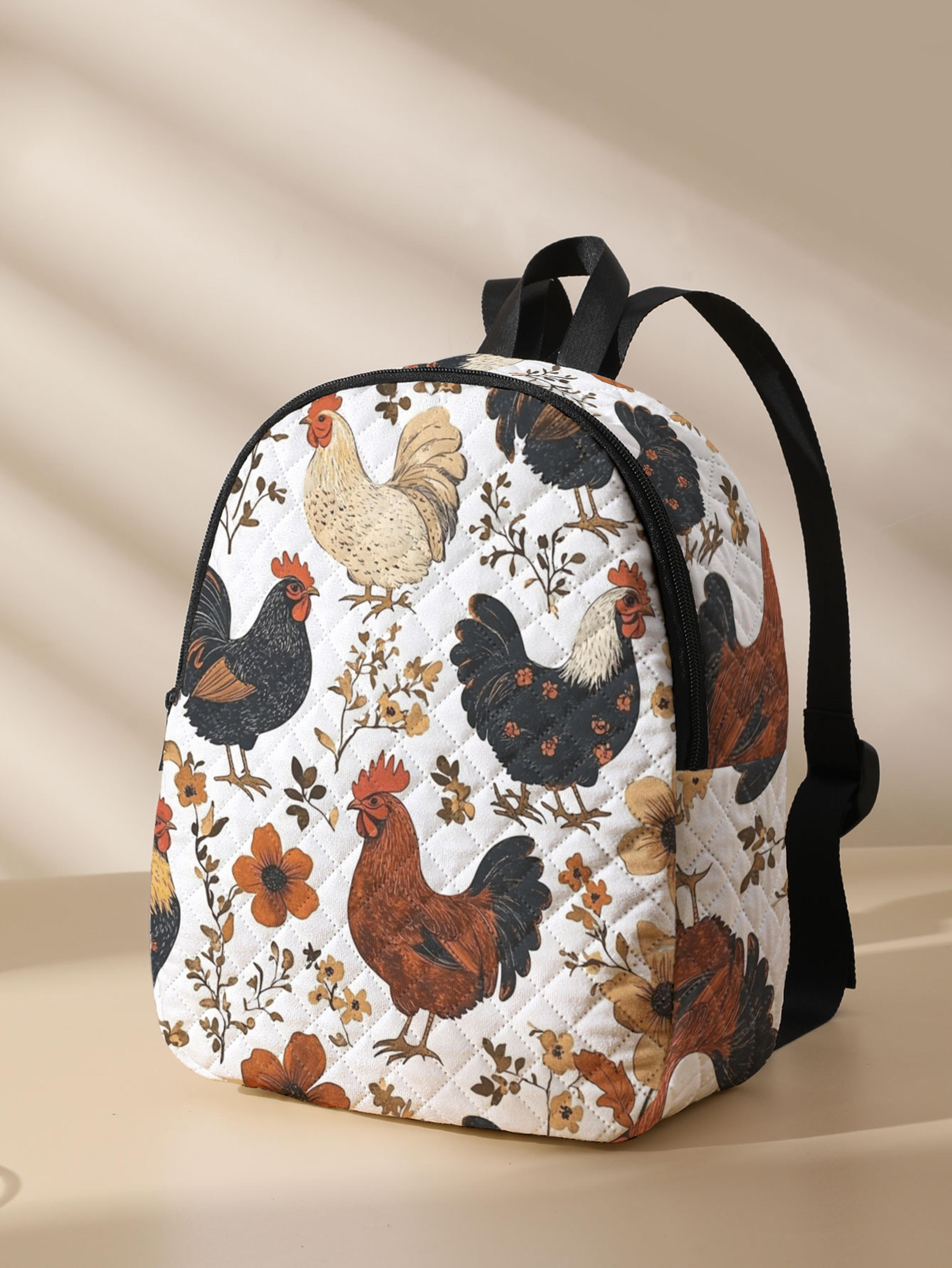 rooster hen quilted compact backpack for travel campus and daily use