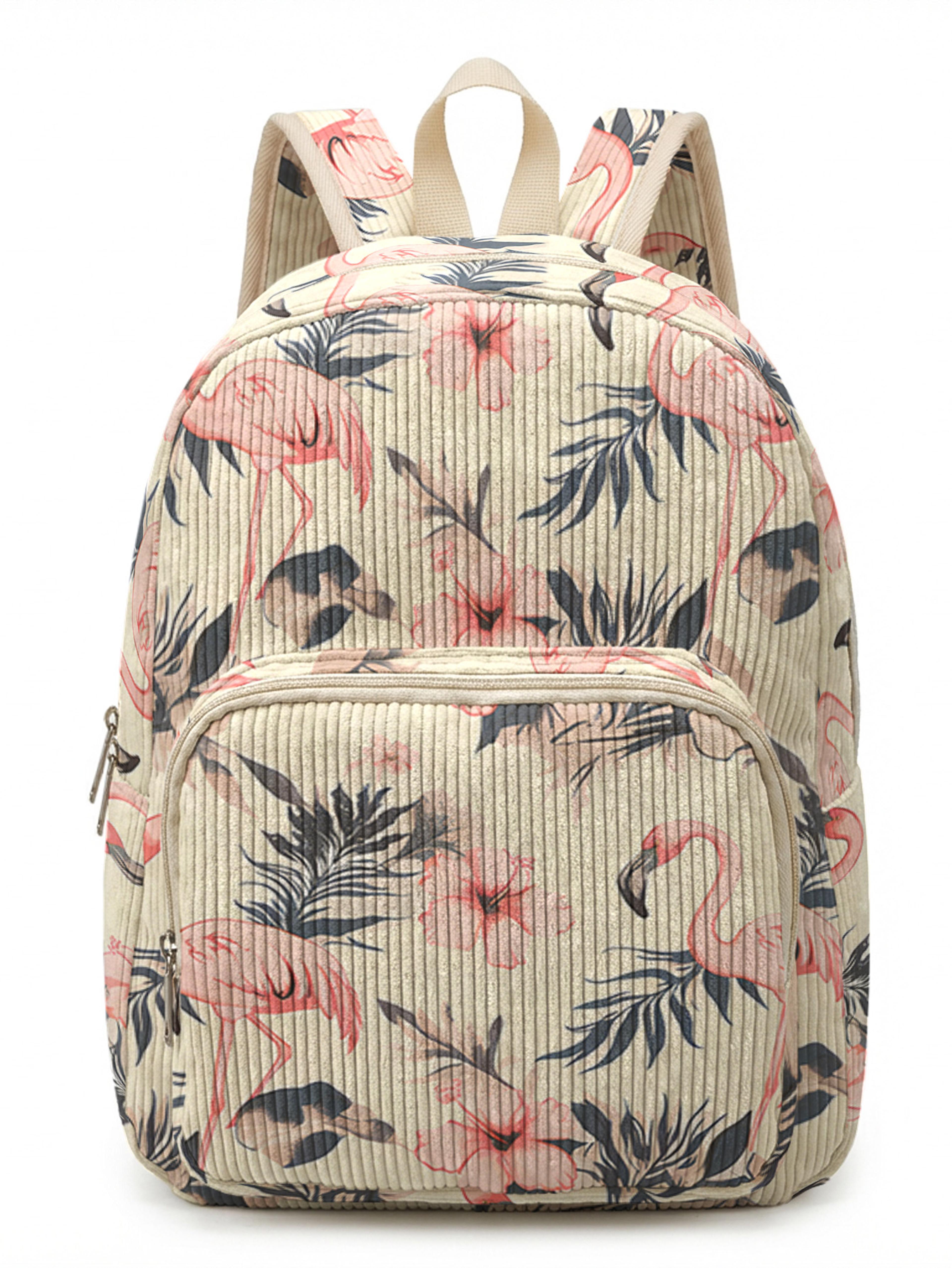 tropical flamingo floral corduroy backpack for women large capacity commuter bag