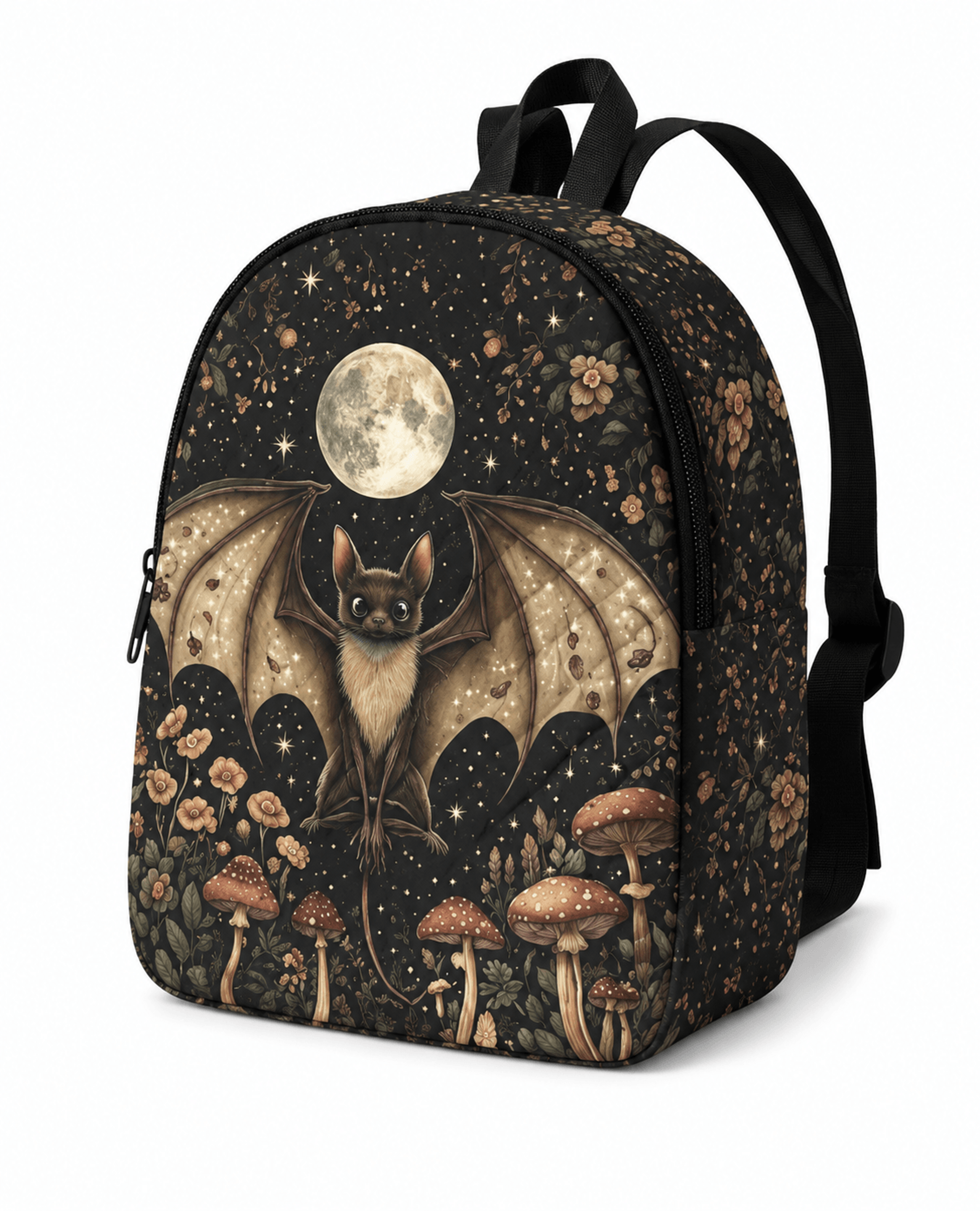 bat moon mushroom compact backpack floral print quilted travel bag for women men campus outdoor use