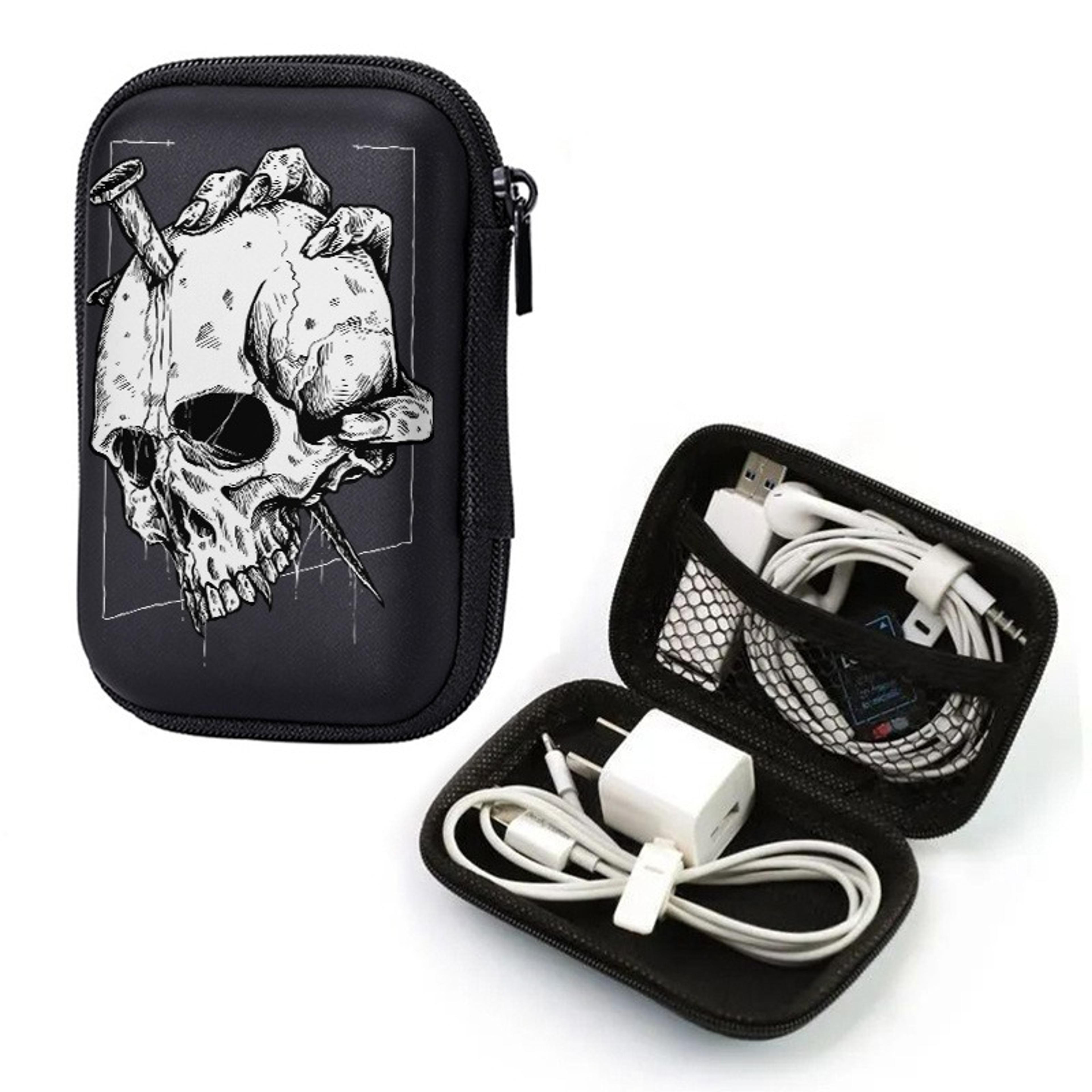 skull print eva hard case portable electronics organizer for headphones and cables