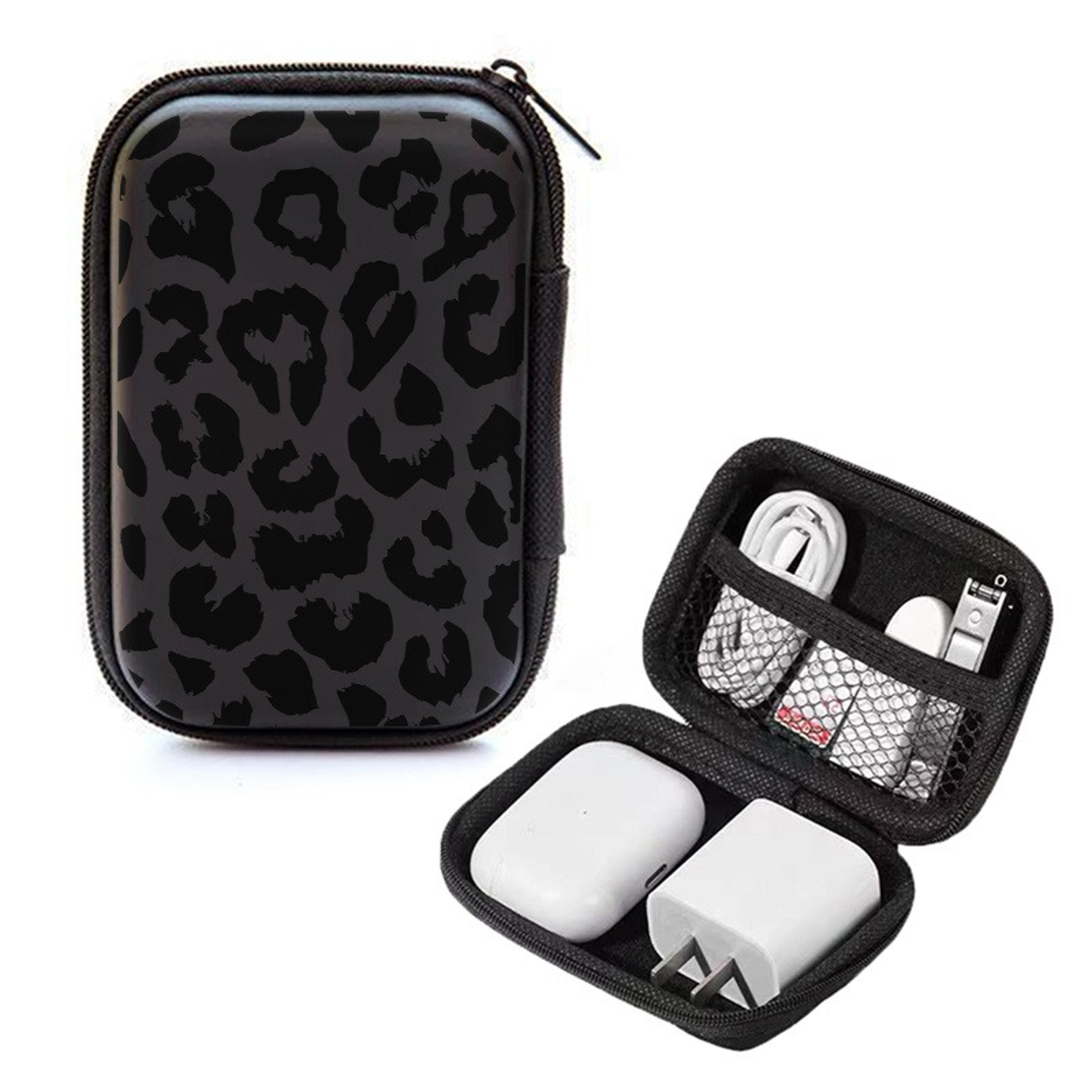 black leopard print eva hard shell electronics organizer bag for cables and accessories