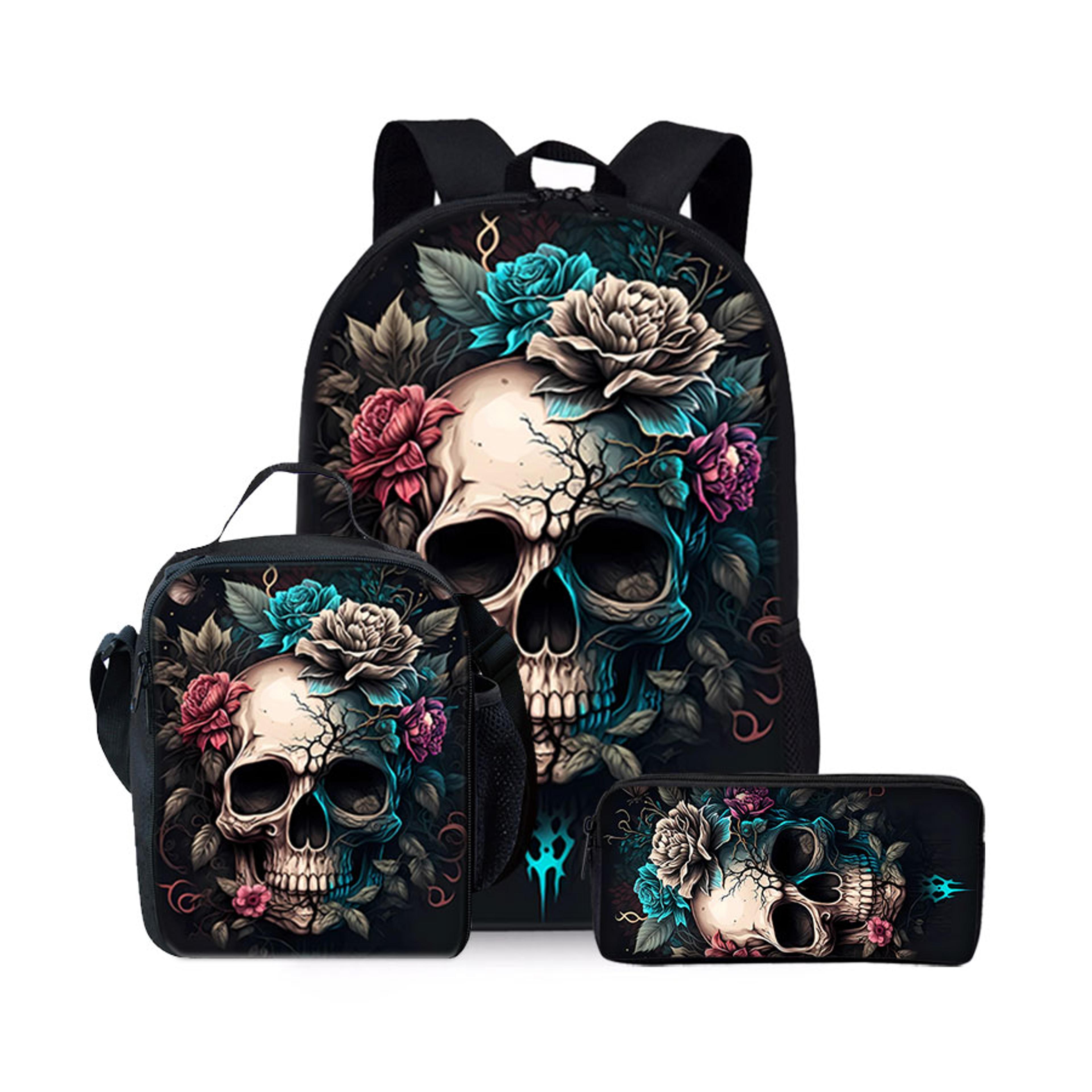 skull pattern kids backpack set three piece cartoon school bag for boys and girls