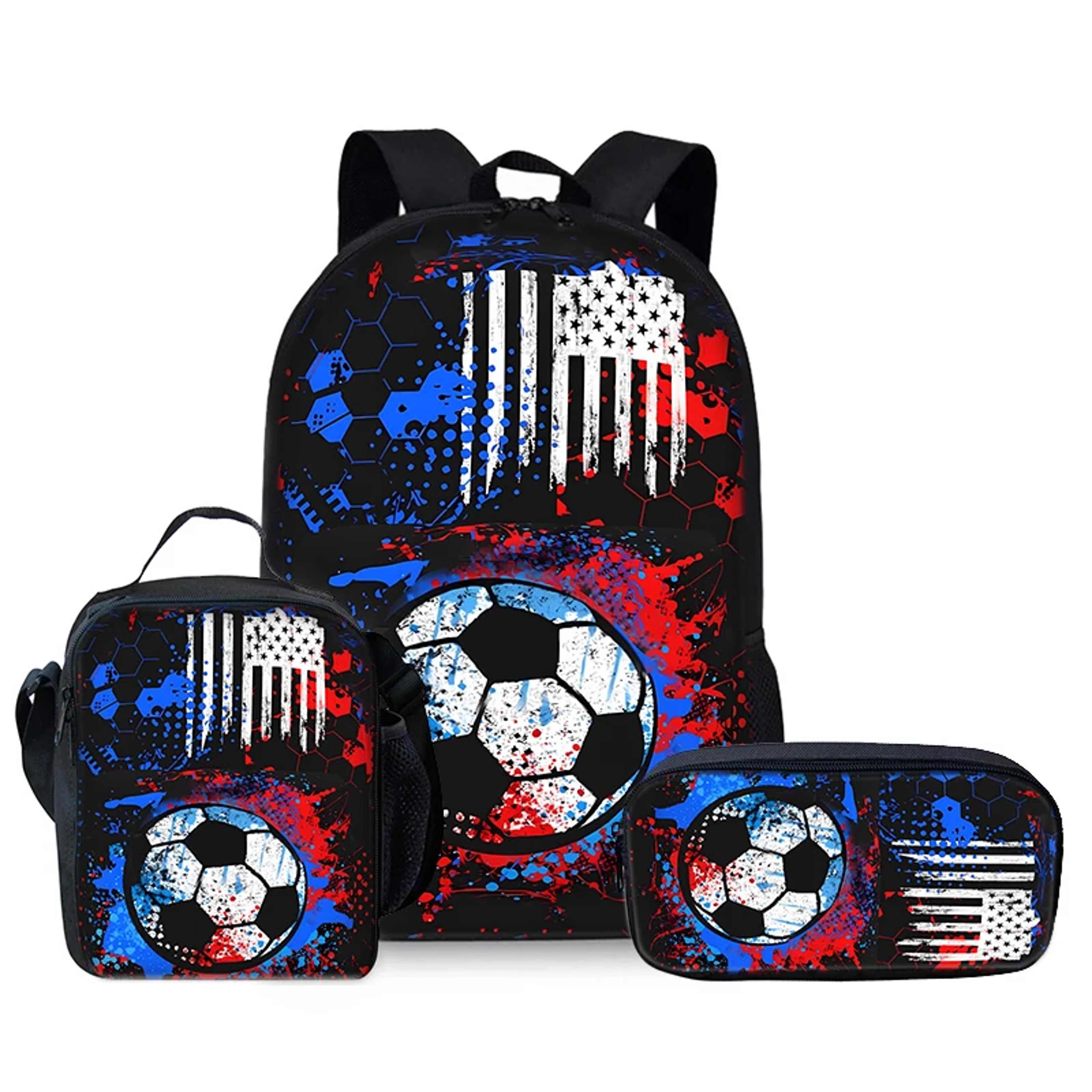 cartoon soccer school backpack set for kids with three piece travel and book bags