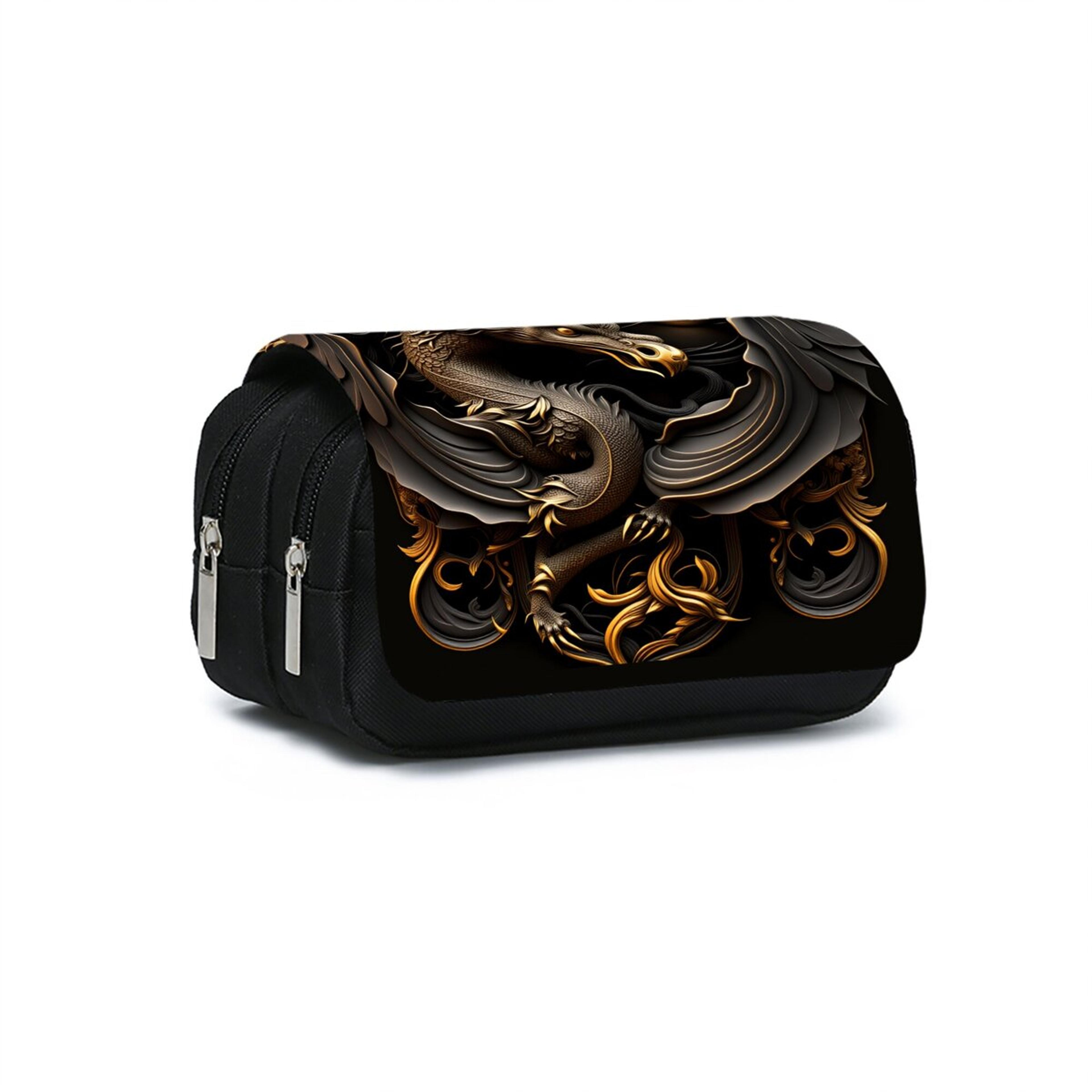 metal dragon pattern double flip pencil case stylish fabric pouch for school office supplies