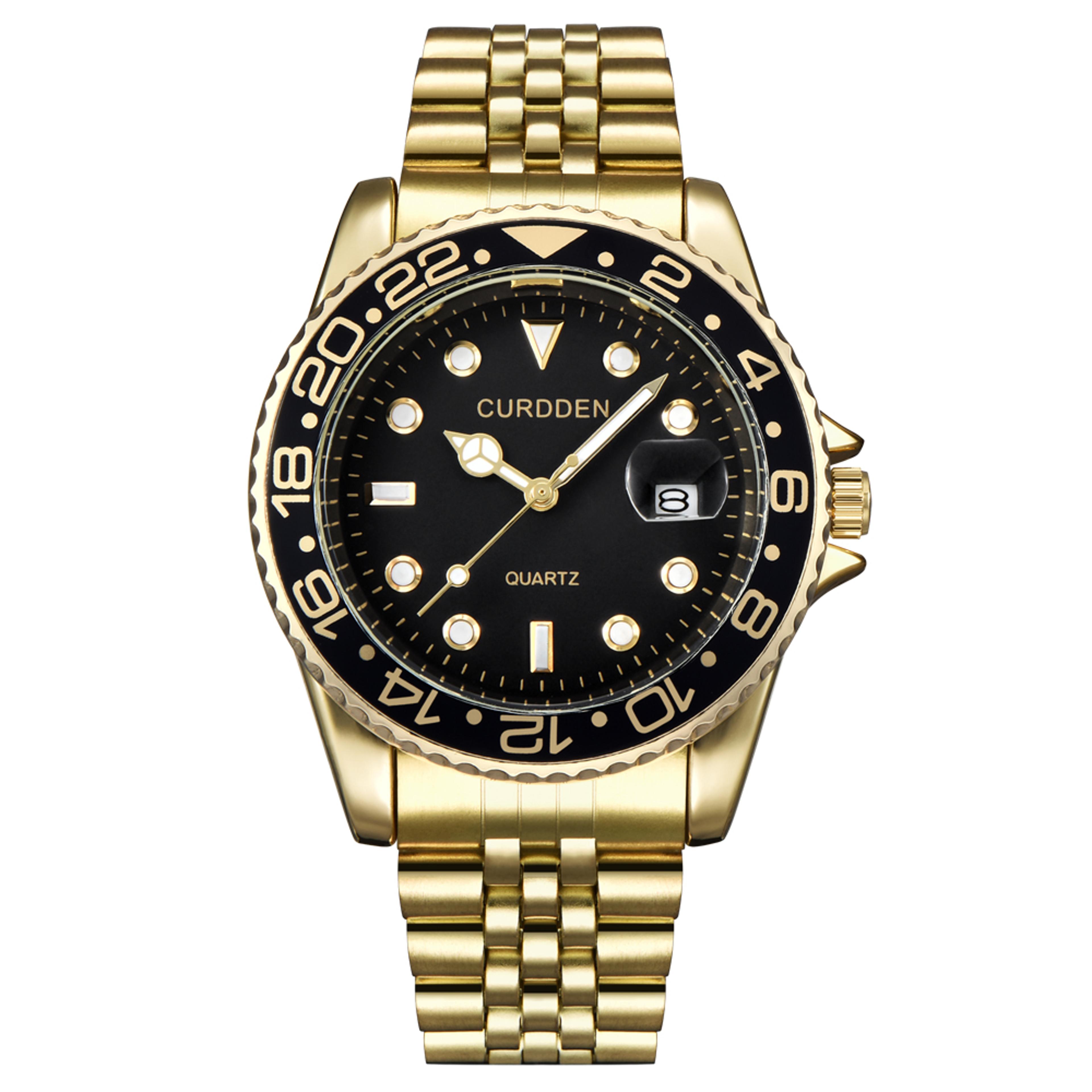 mens golden stainless steel quartz watch with date display