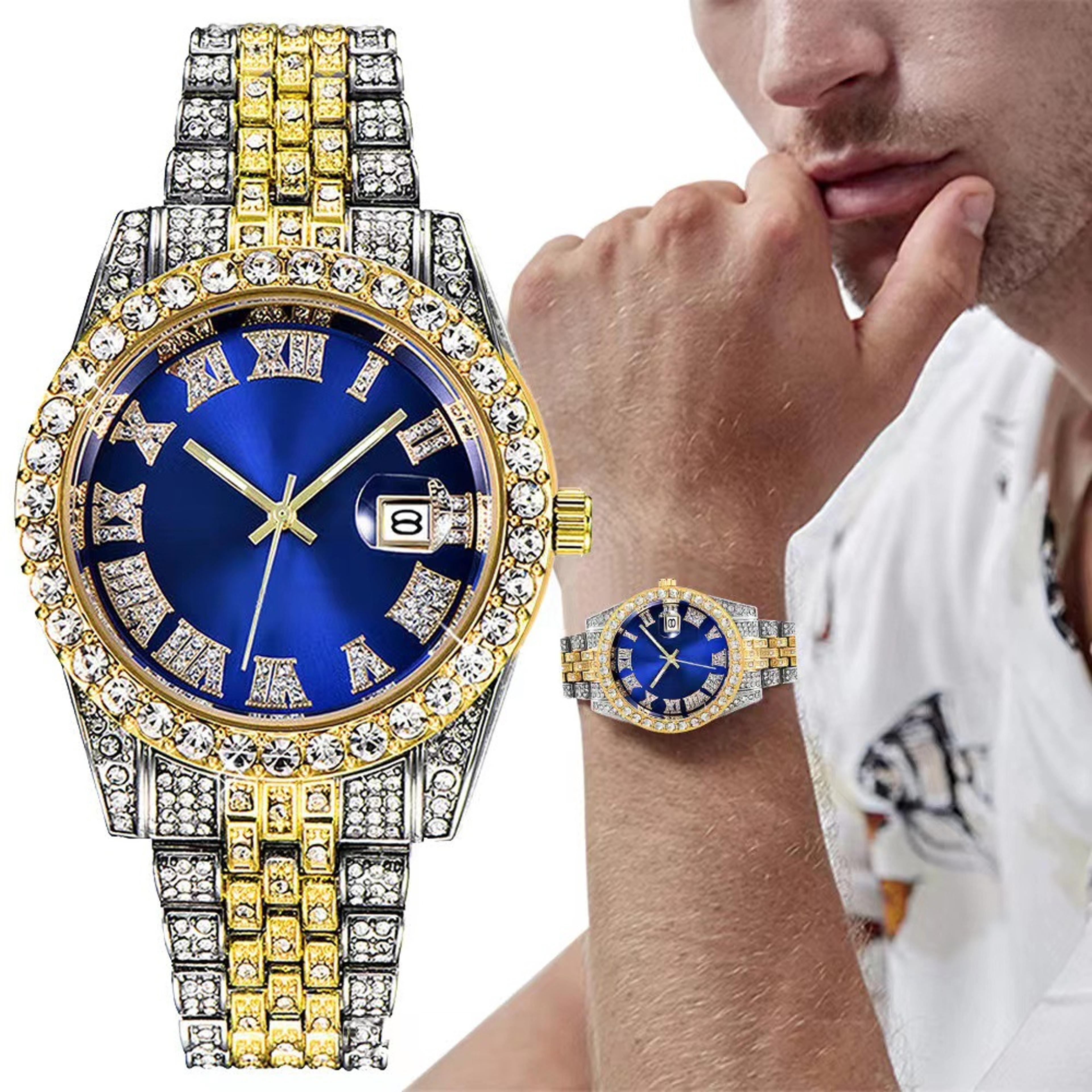 luxury gold iced out calendar watch for men with hip hop rhinestone design