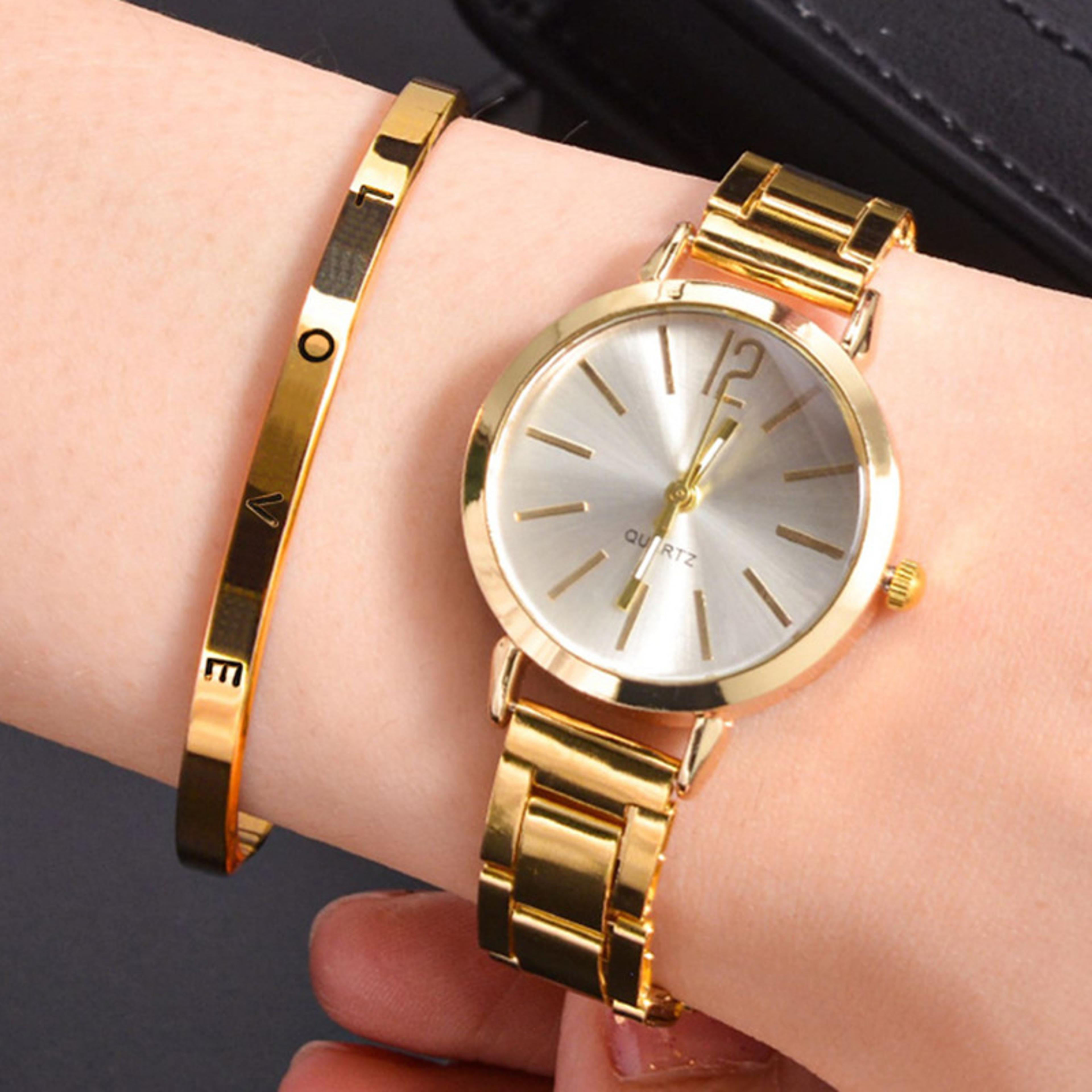 luxury gold hollow strap womens quartz watch set elegant bracelet style