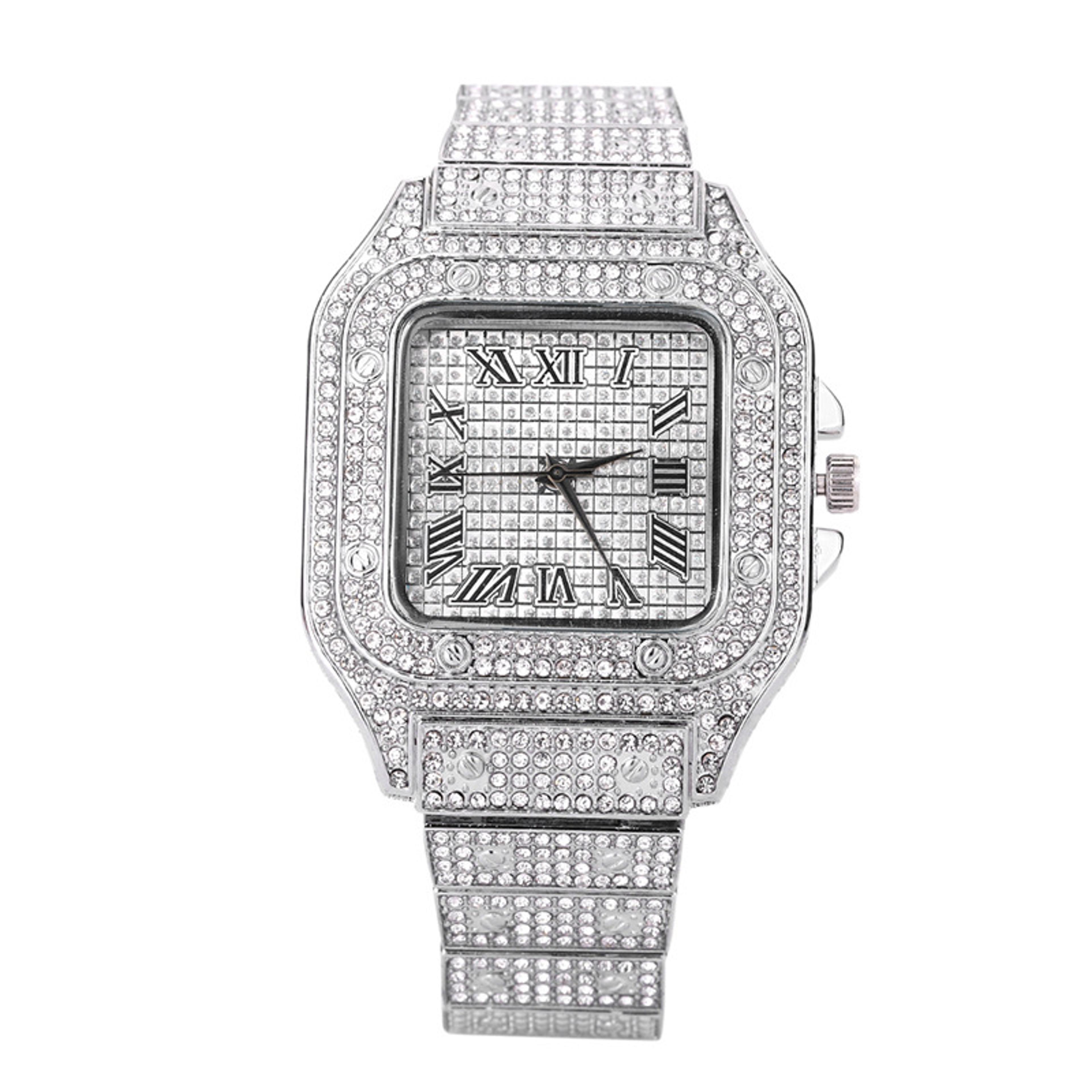 luxury diamond square quartz watch for men and women with gold rhinestone bracelet