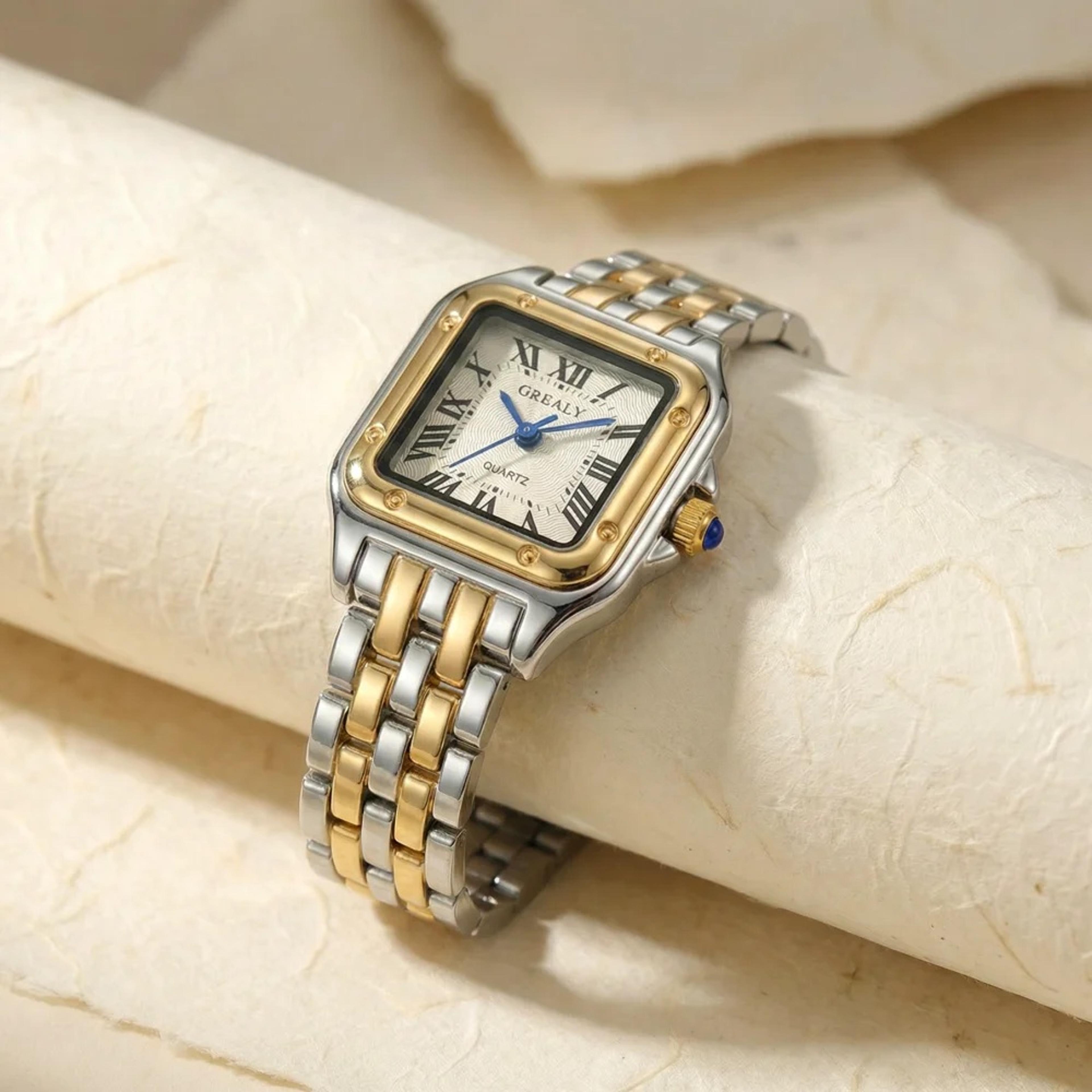 elegant gold square dial women watch with stainless steel strap and quartz movement