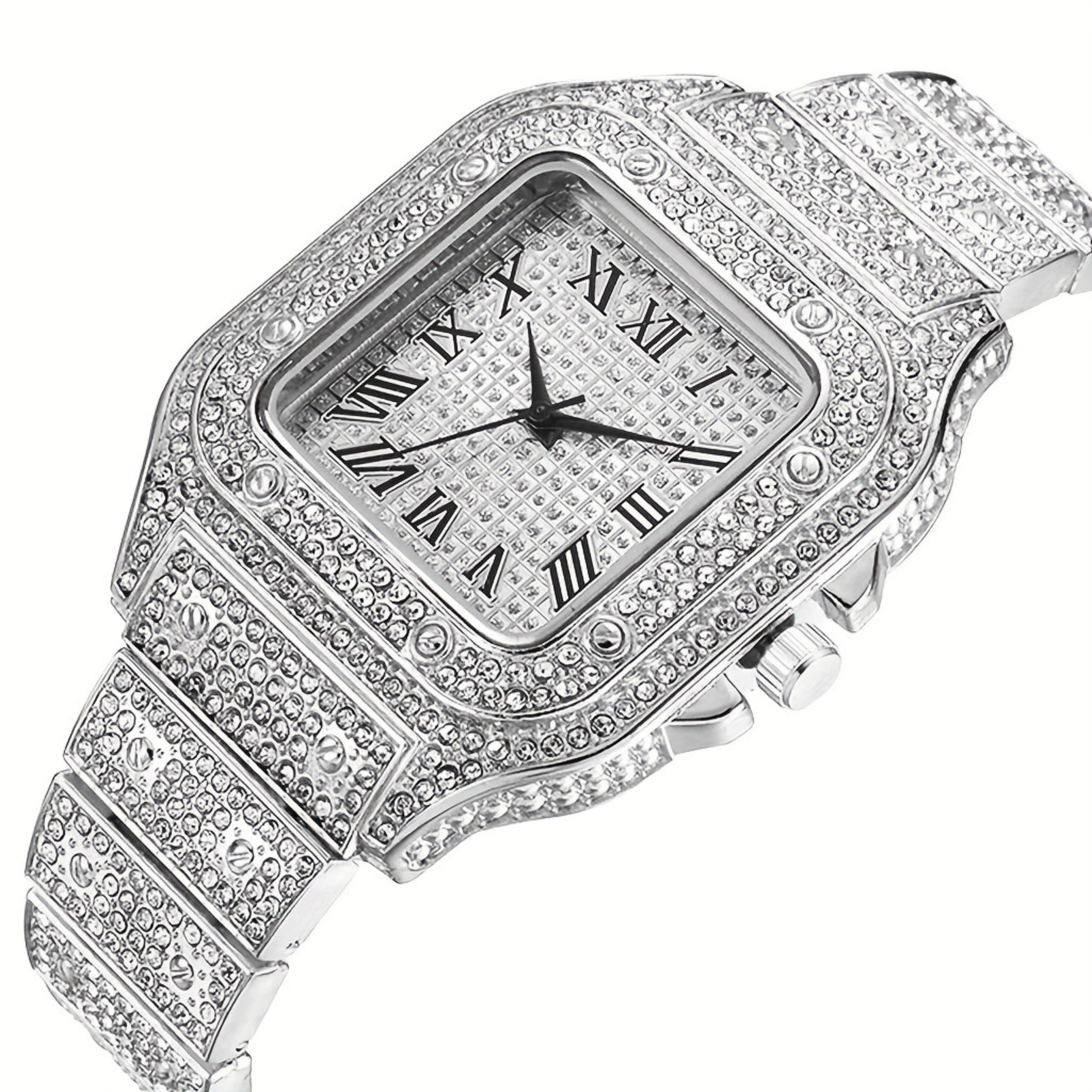 luxury golden mens roman scale quartz watch with rhinestone steel strap classic calendar wristwatch