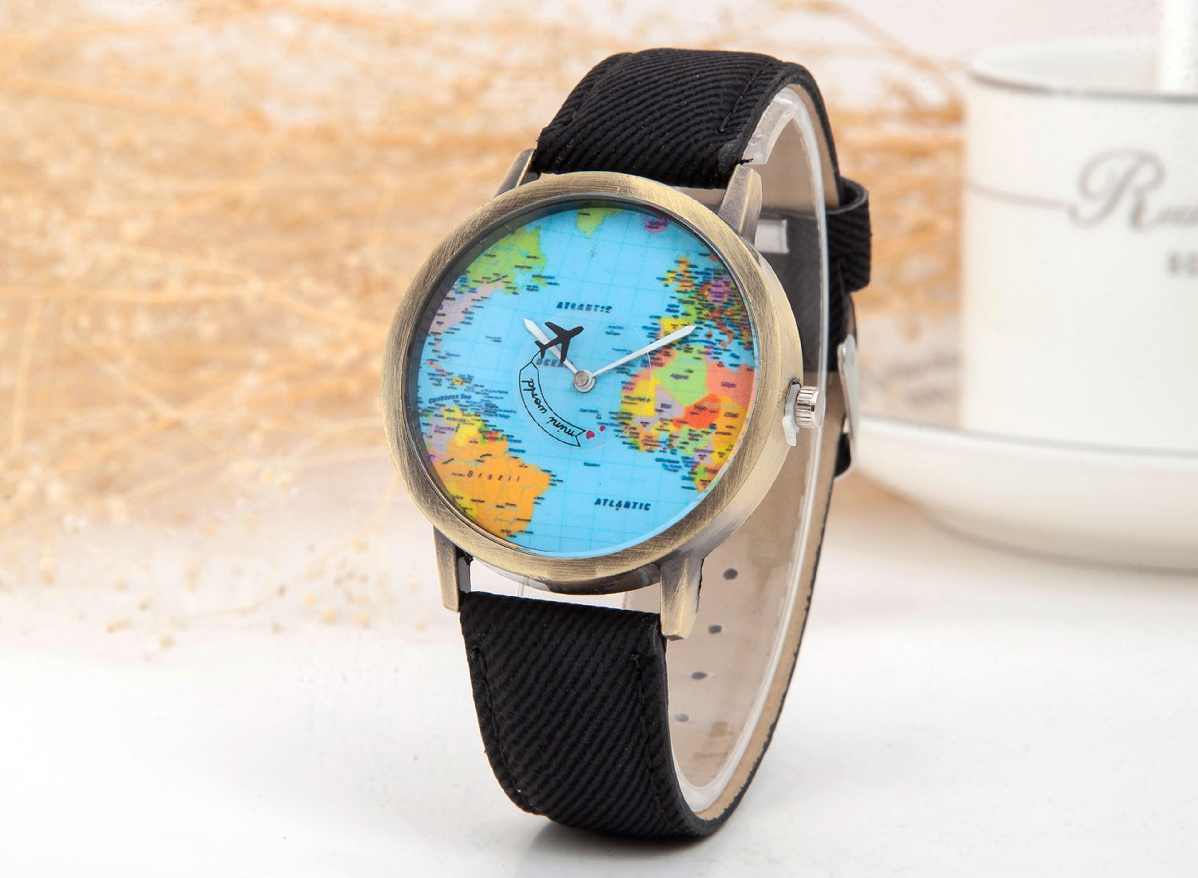 mens globe dial leather quartz watch elegant fashion wrist watch