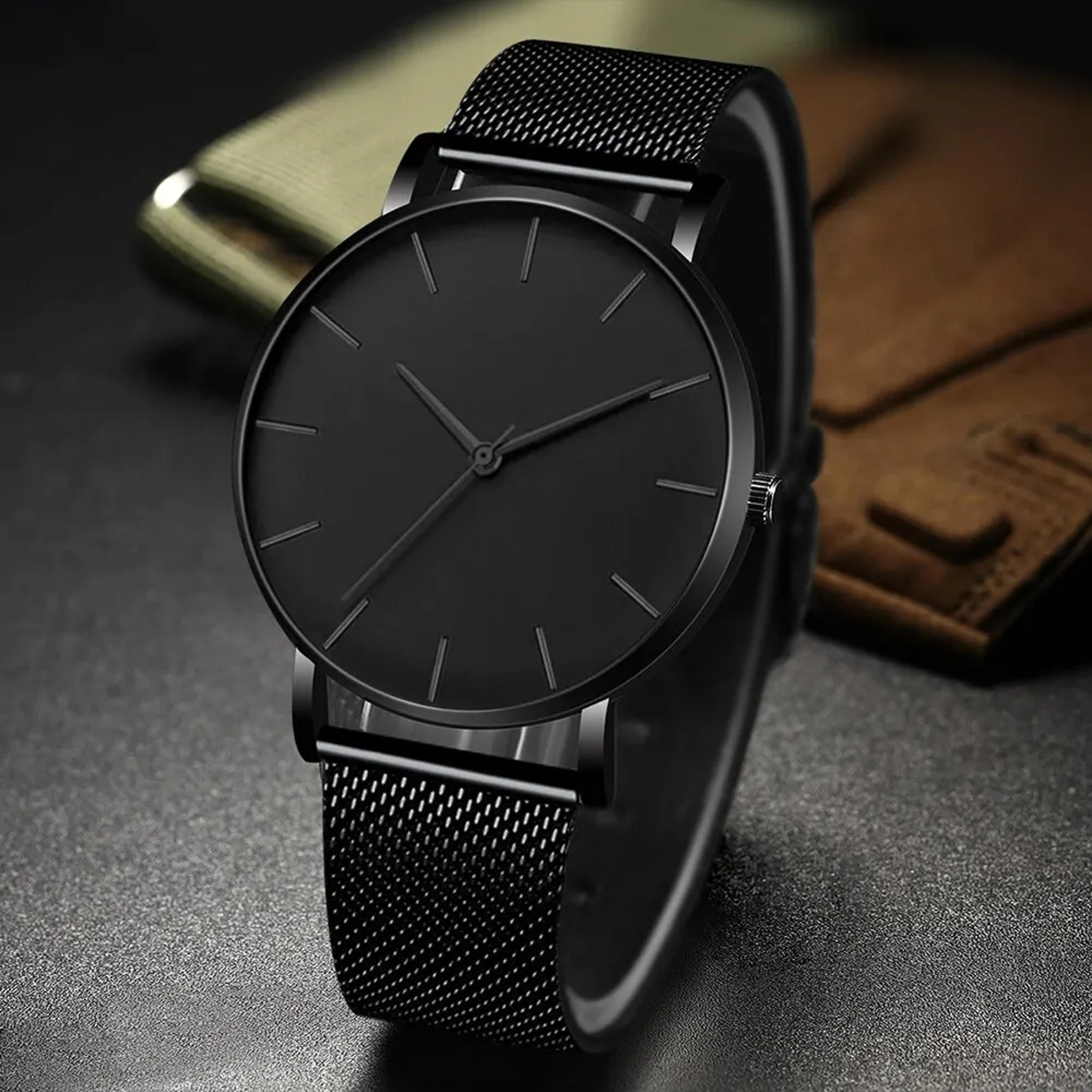 ultra thin black stainless steel quartz watch for men classic business style wristwatch