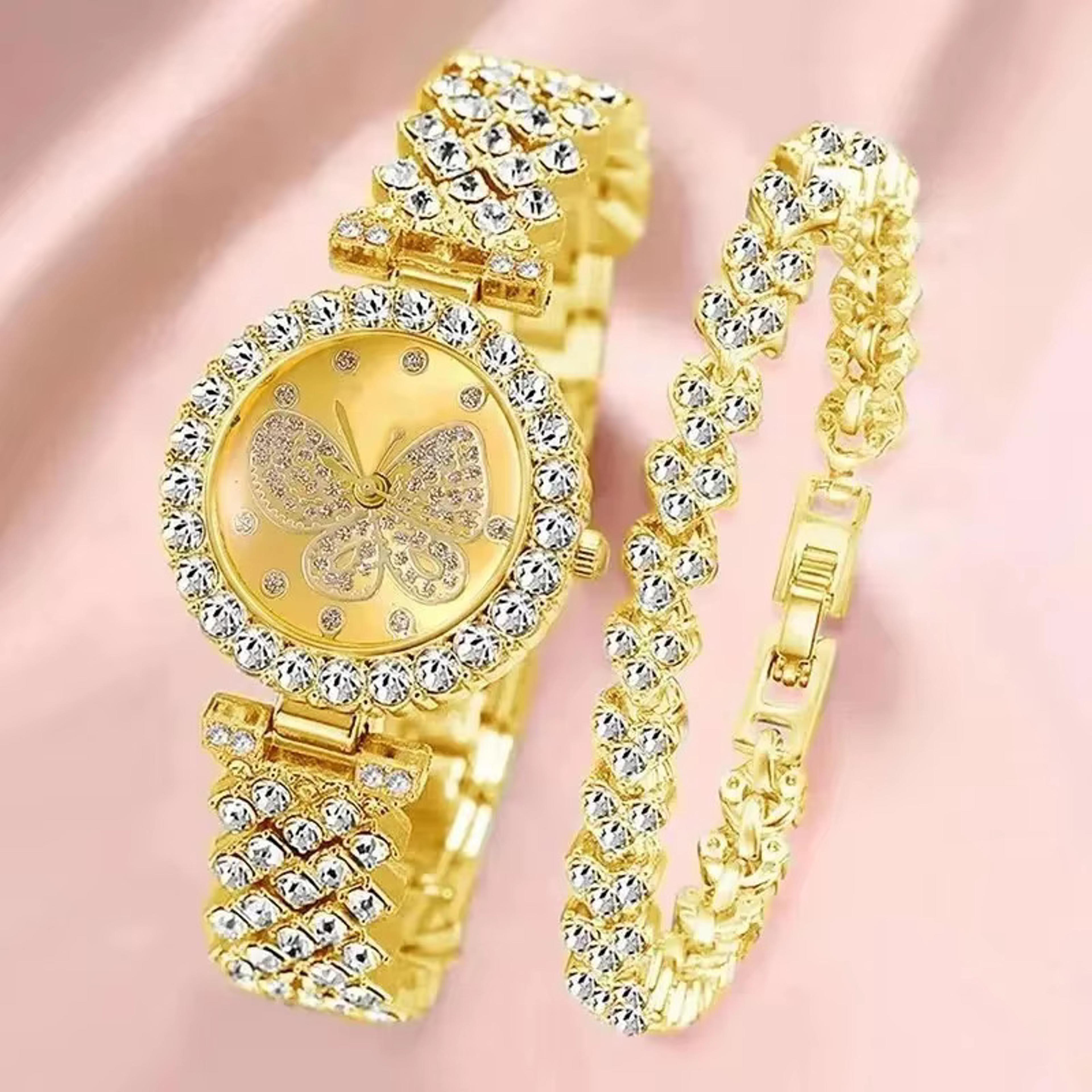 luxury gold women watch set elegant quartz wristwatch and bracelet jewelry set for ladies