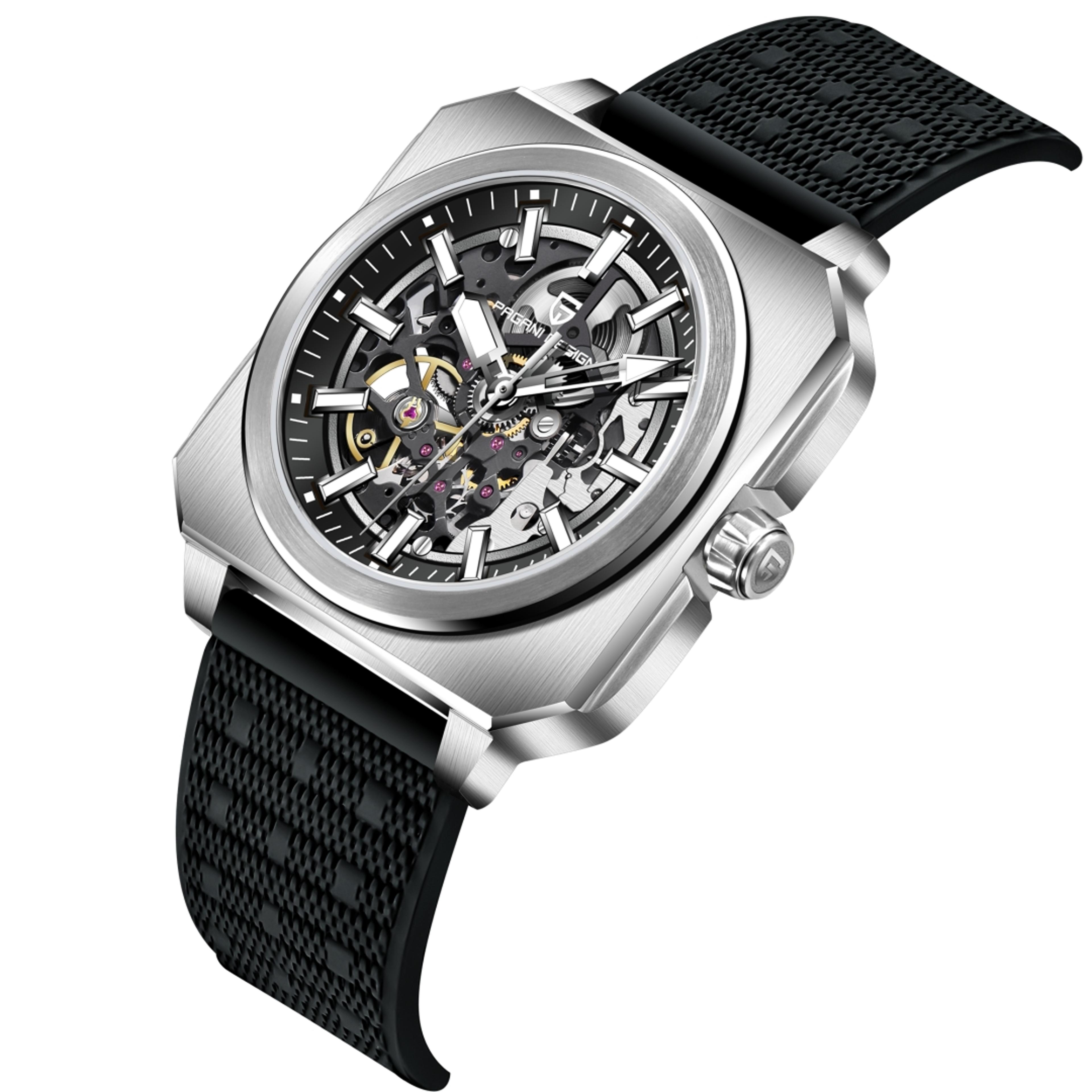 mens square skeleton automatic watch with luminous dial and leather strap