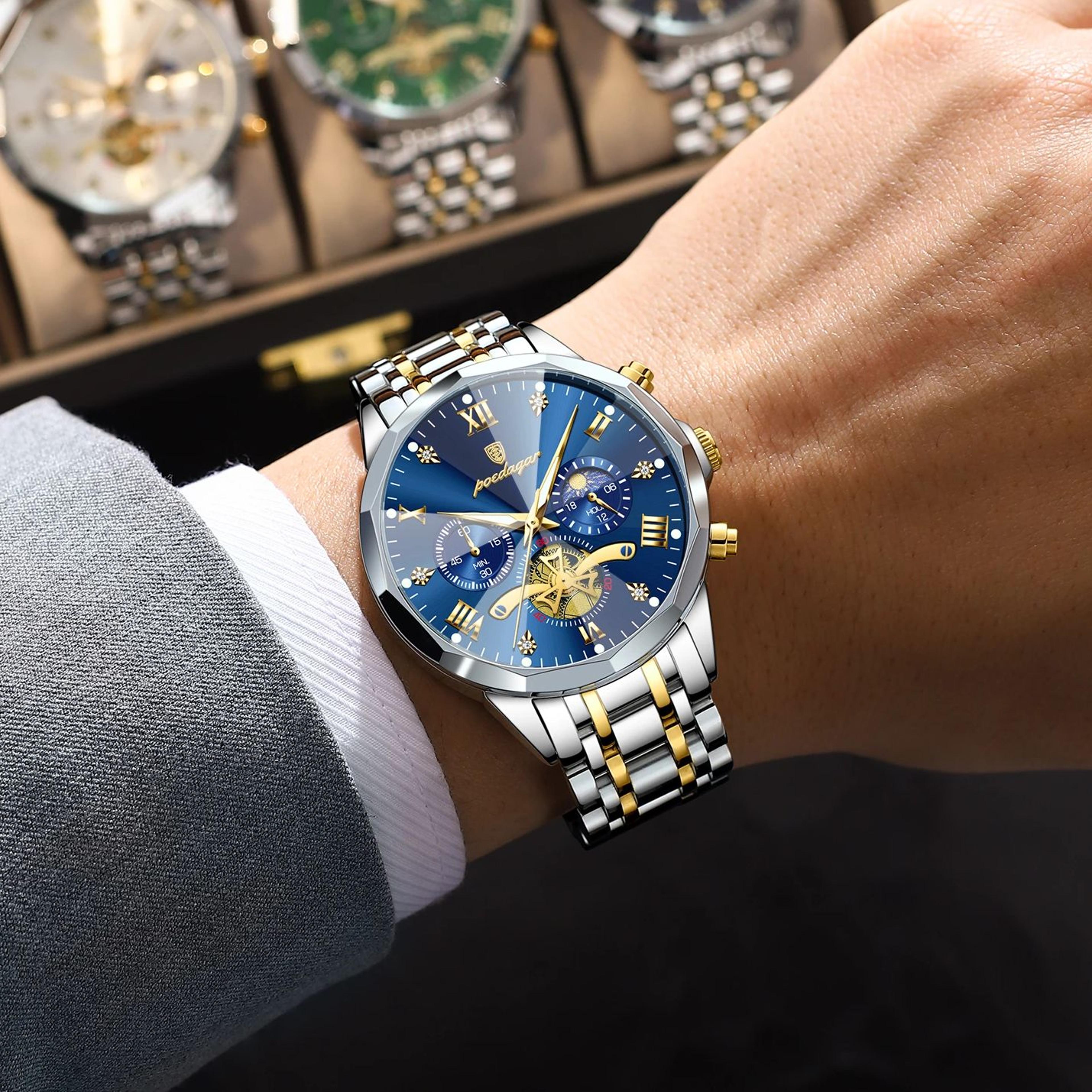 luxury mens stainless steel quartz chronograph watch waterproof luminous wristwatch
