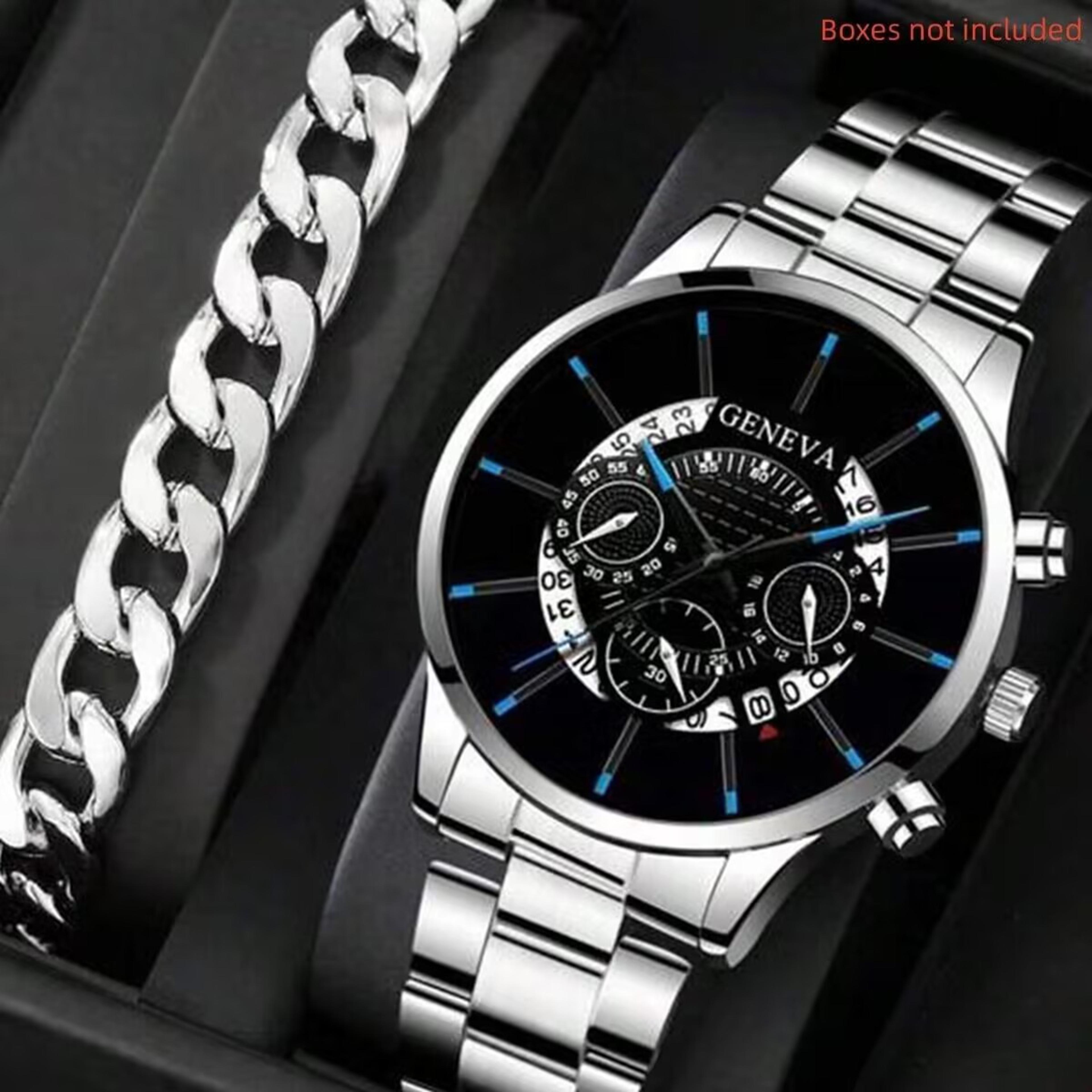 luxury men business watch stainless steel calendar big dial quartz wristwatch set