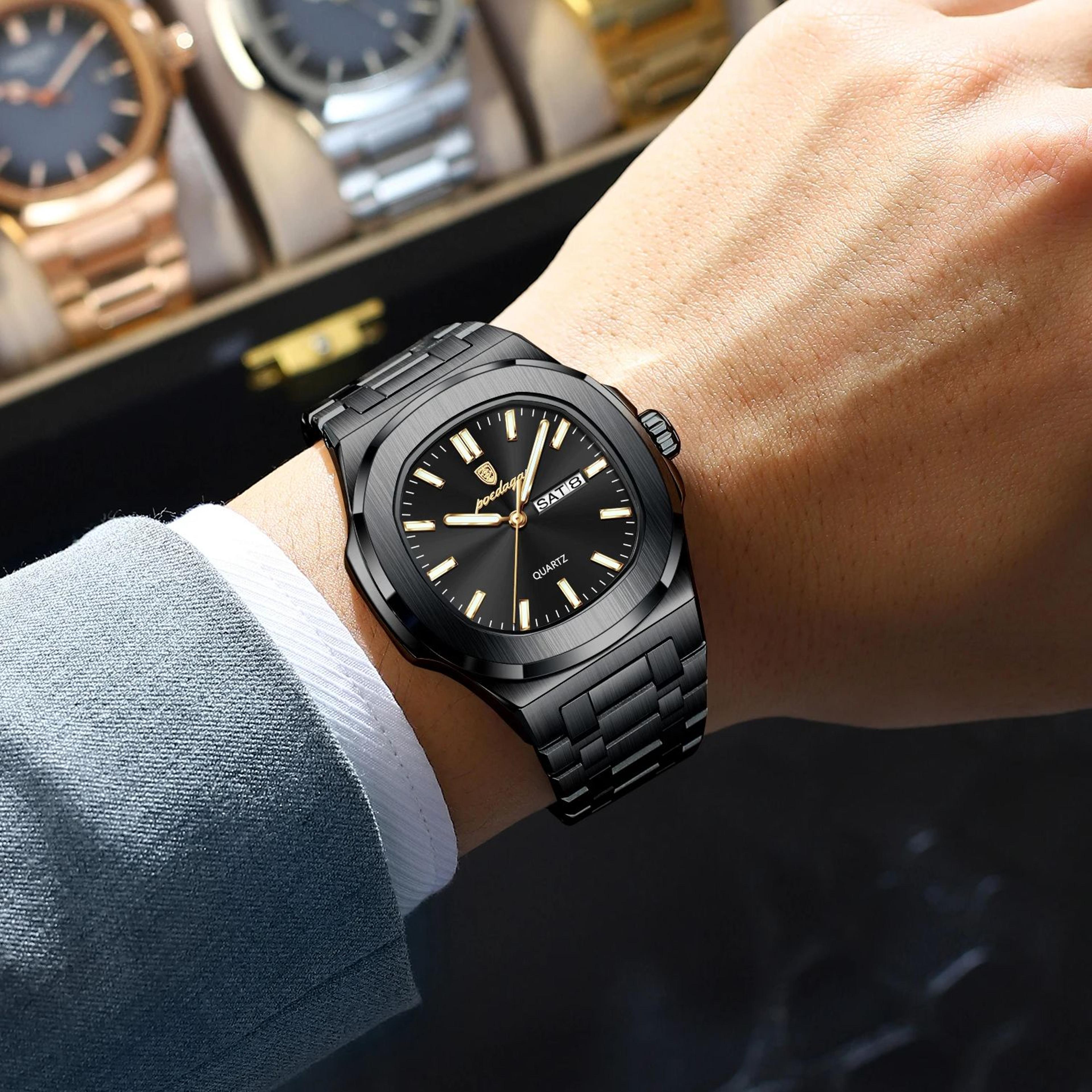 luxury mens square quartz watch with stainless steel band and date display