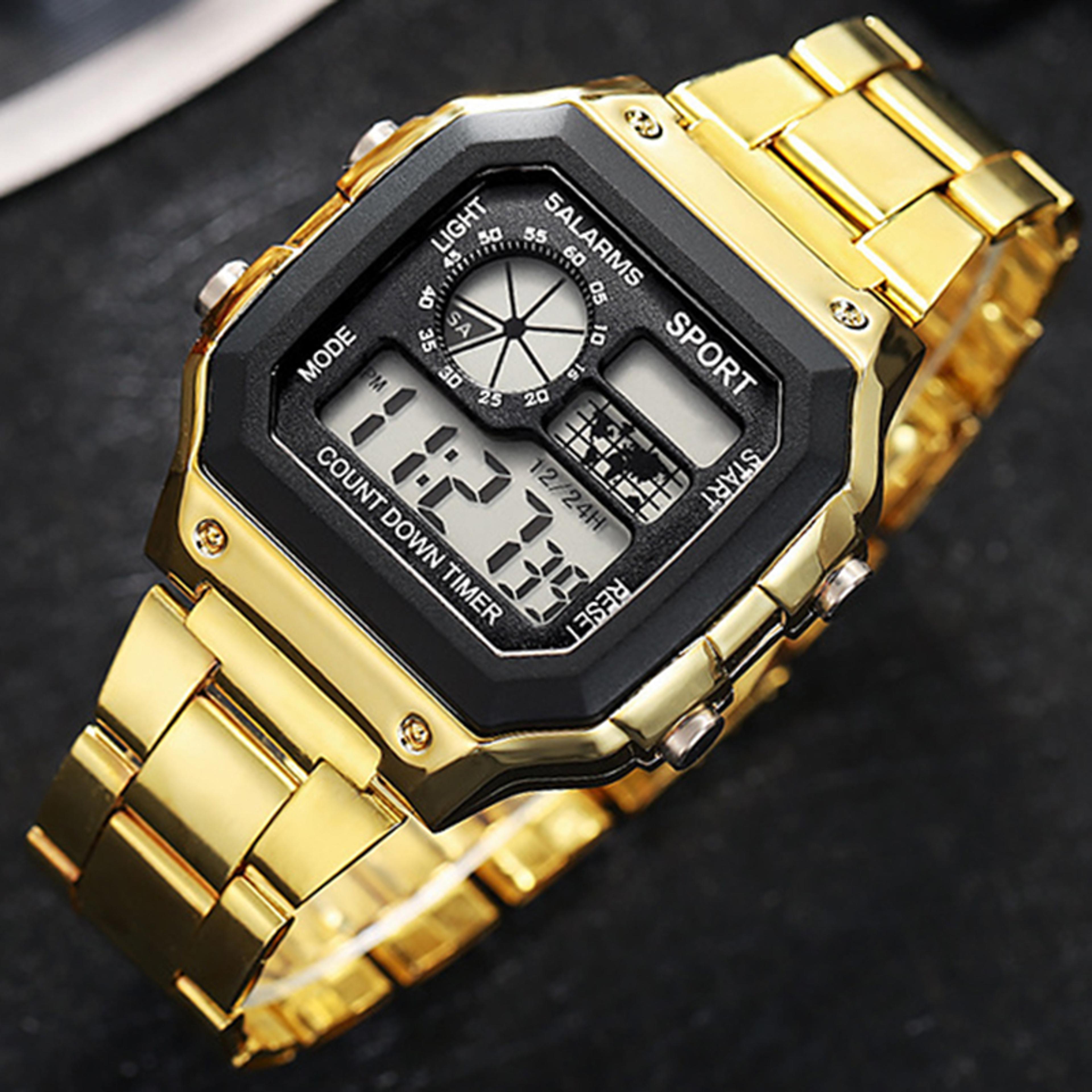 classic mens digital sports watch with luxury stainless steel strap and led display