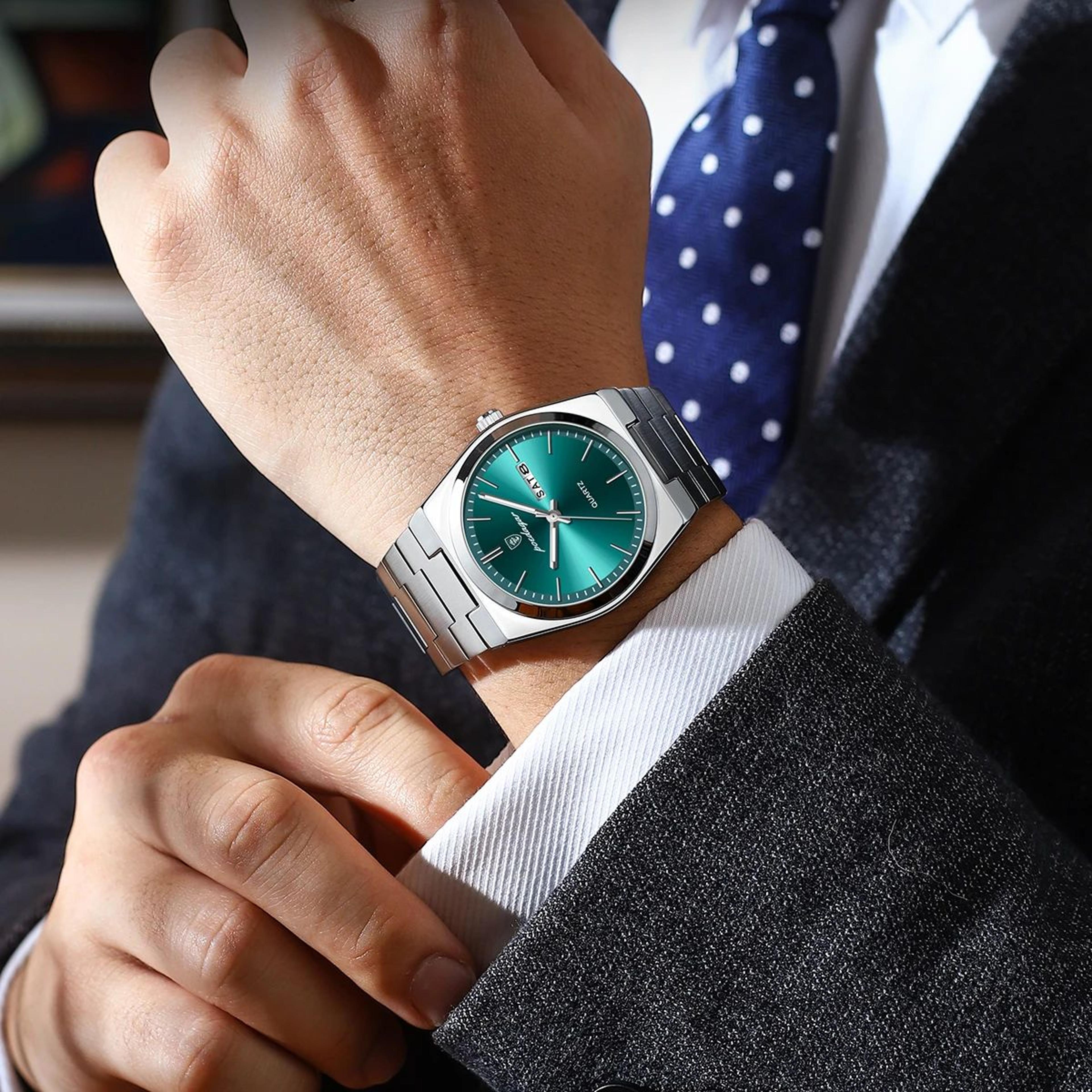 luxury mens waterproof luminous quartz watch with date week display and stainless steel band