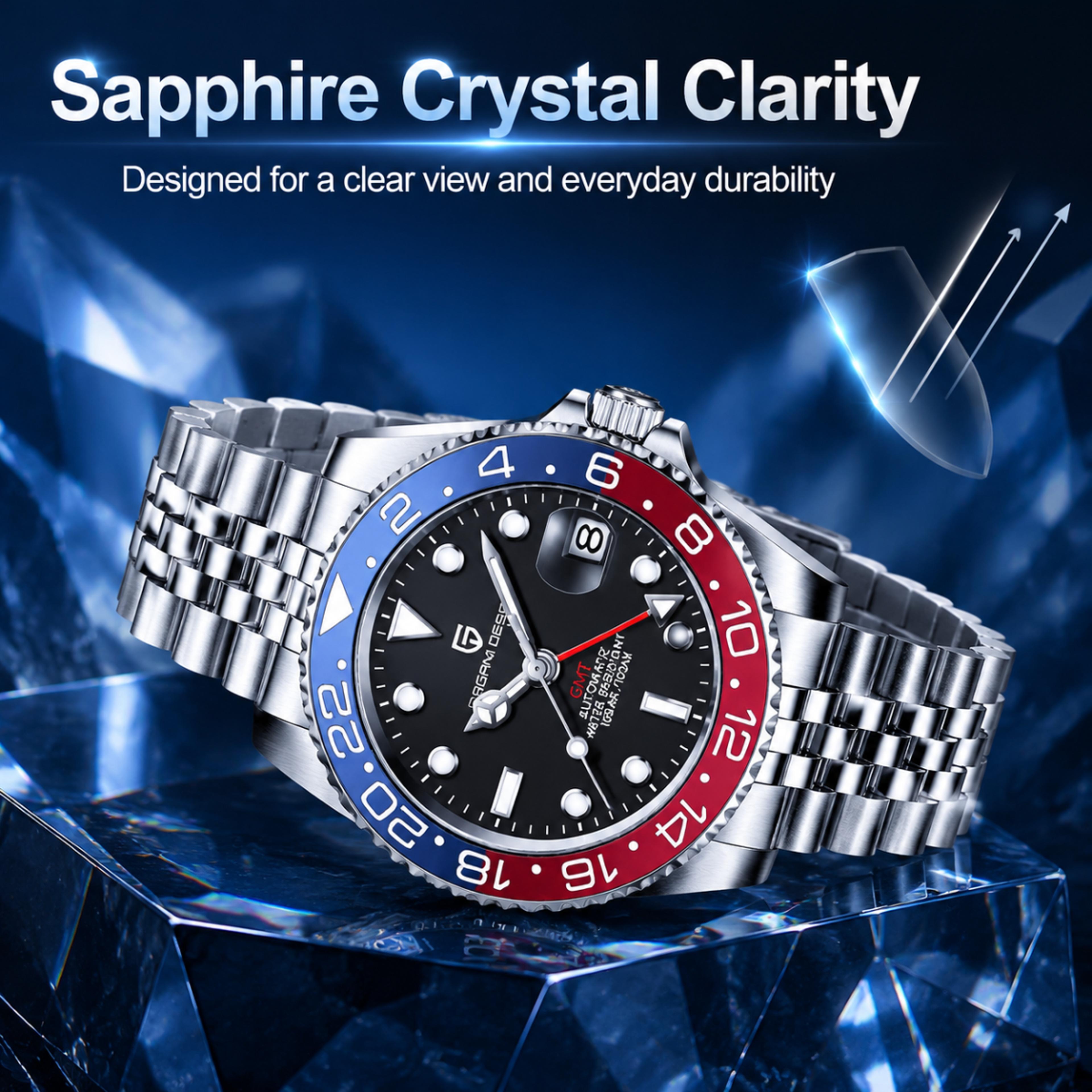 luxury gmt automatic mechanical watch sapphire glass stainless steel mens watch