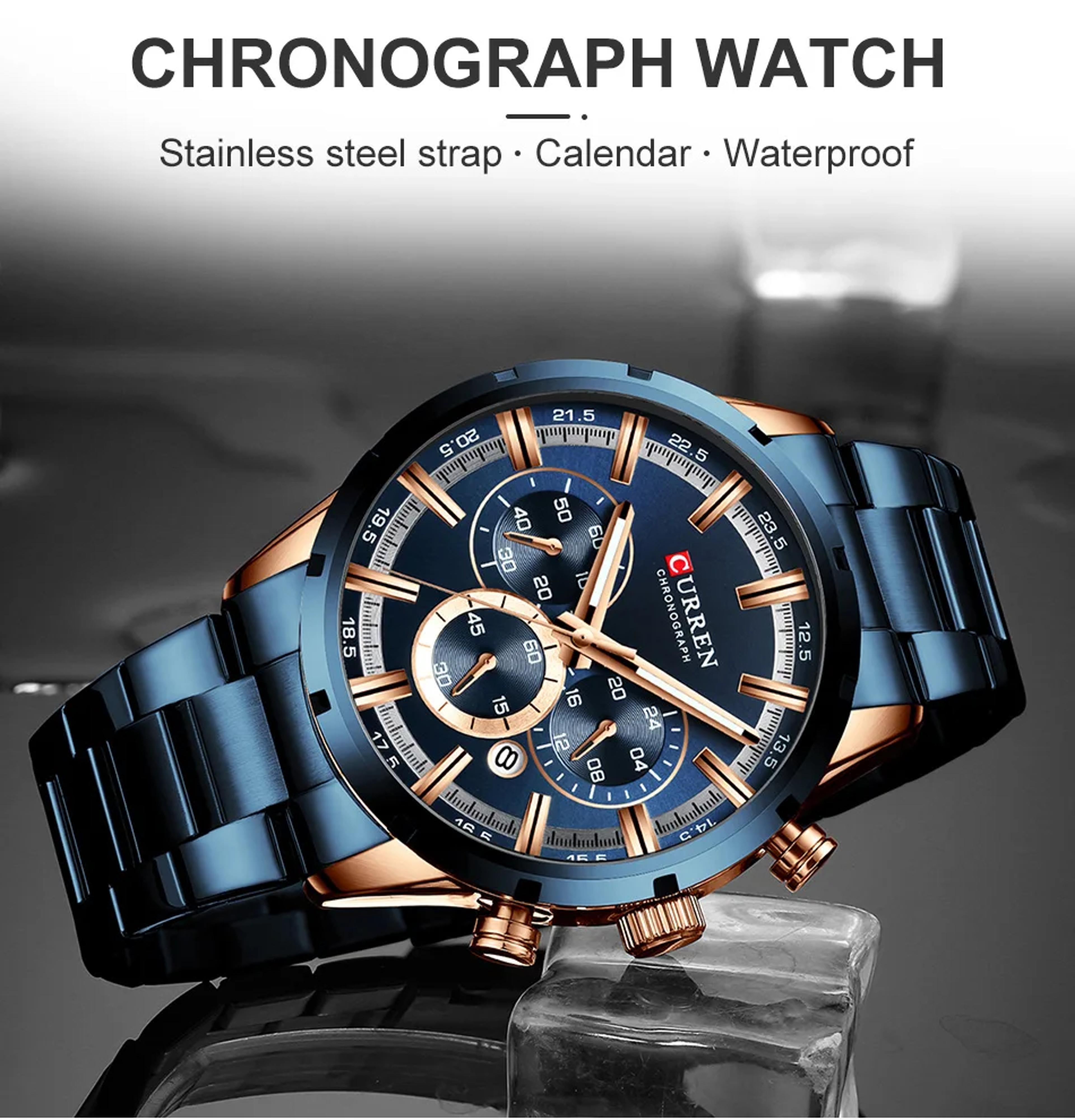 mens multifunctional stainless steel business watch with waterproof calendar design