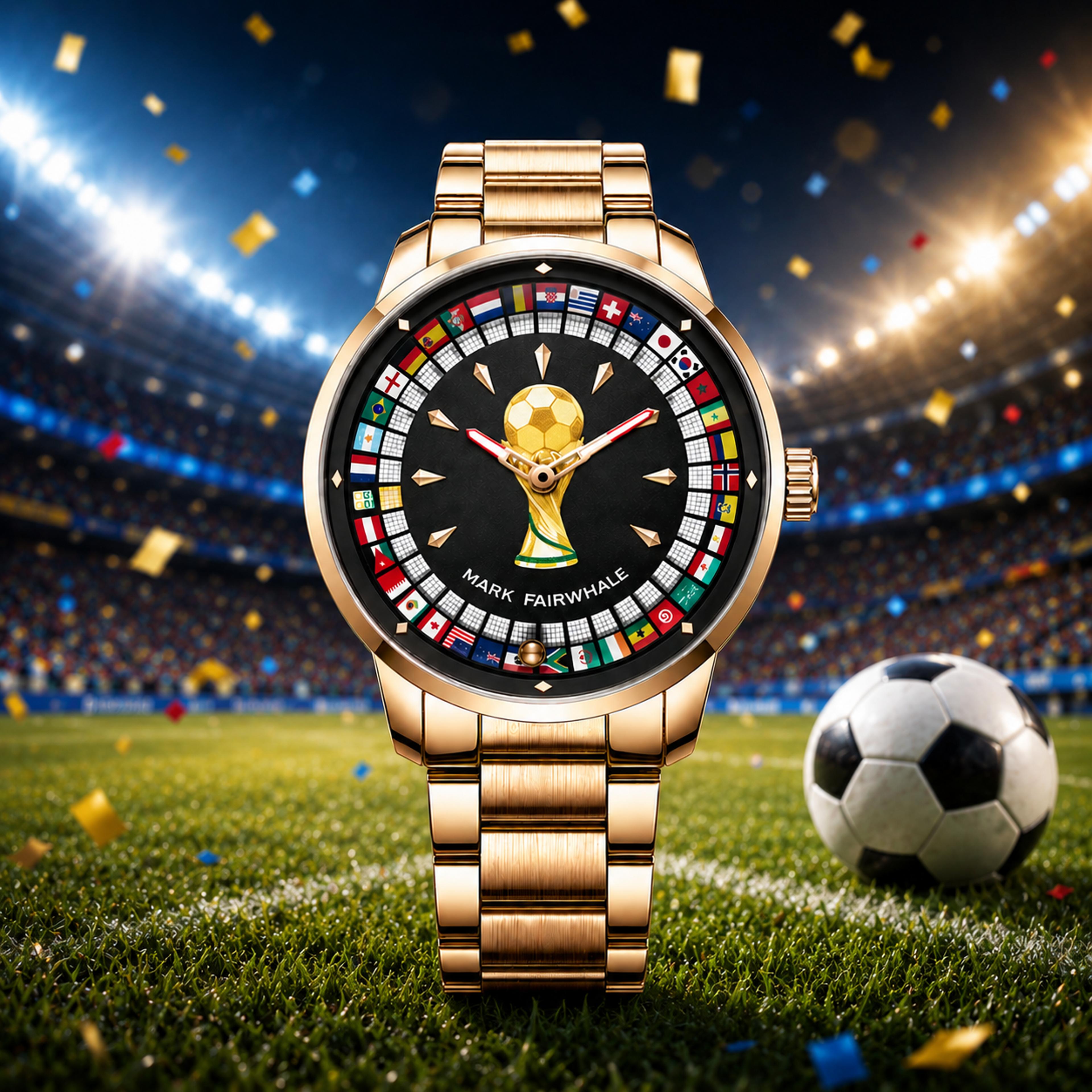 football sports quartz watch for men with rotating flag dial stainless steel strap
