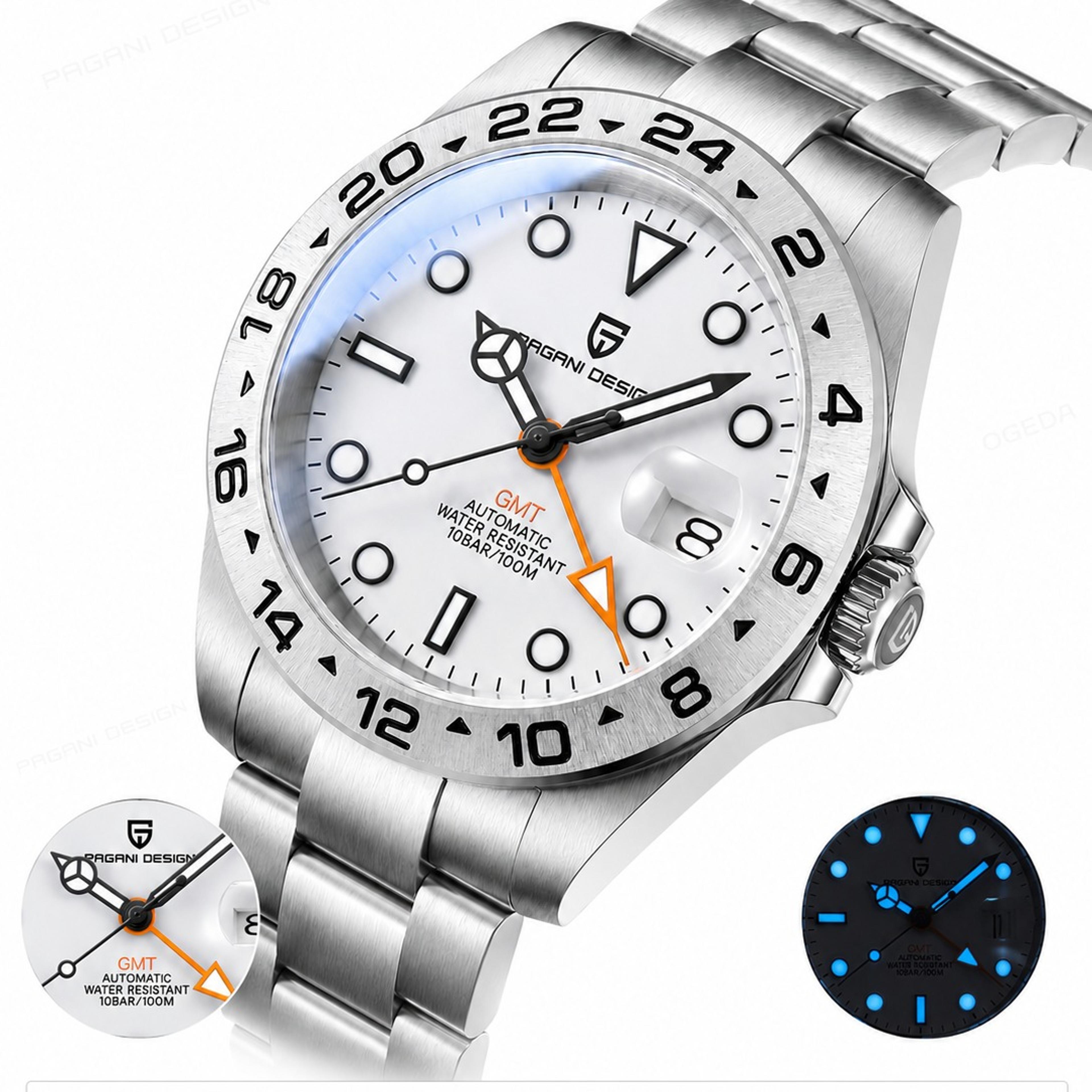 gmt automatic watch with sapphire crystal and stainless steel bracelet