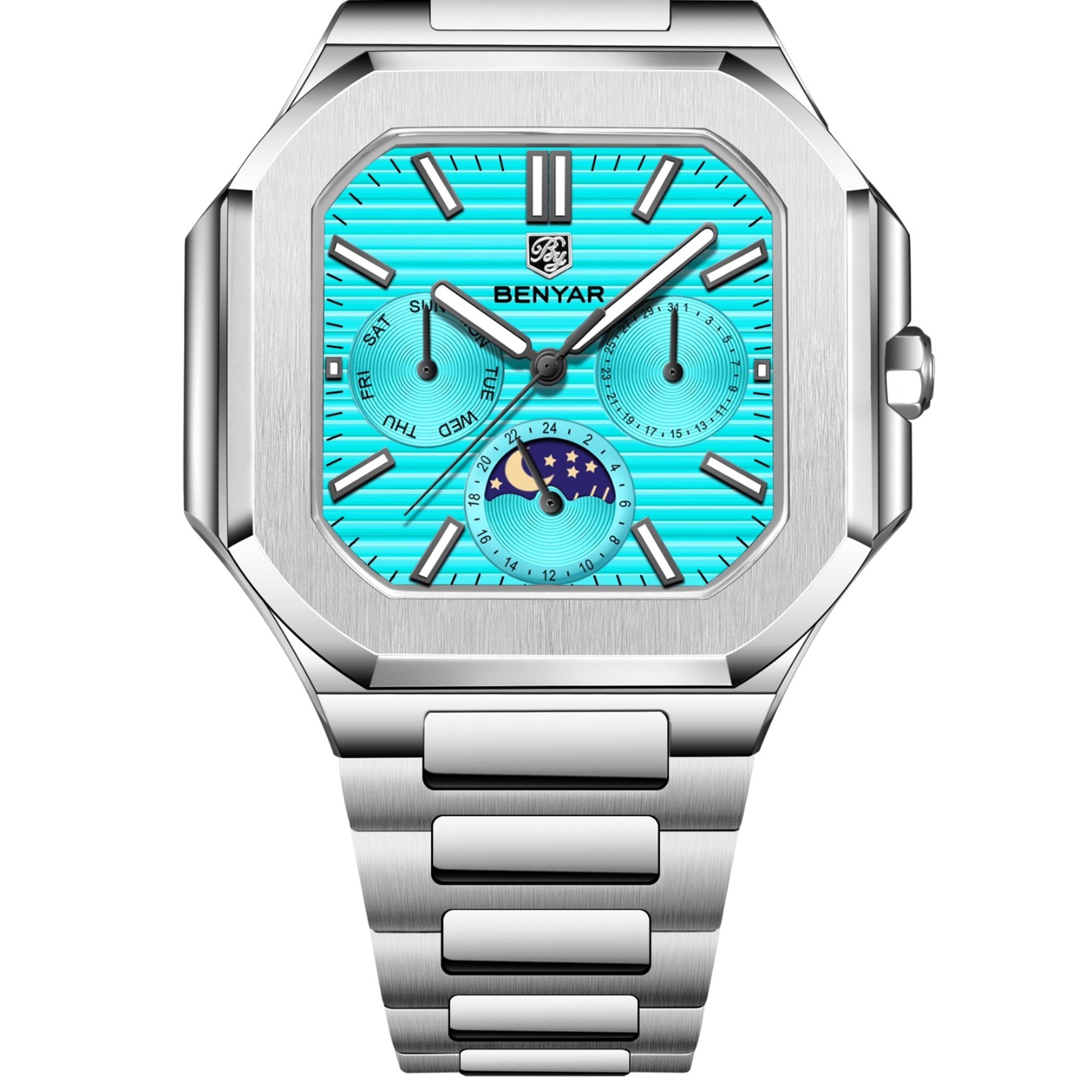 mens square quartz watch with stainless steel bracelet and moonphase display