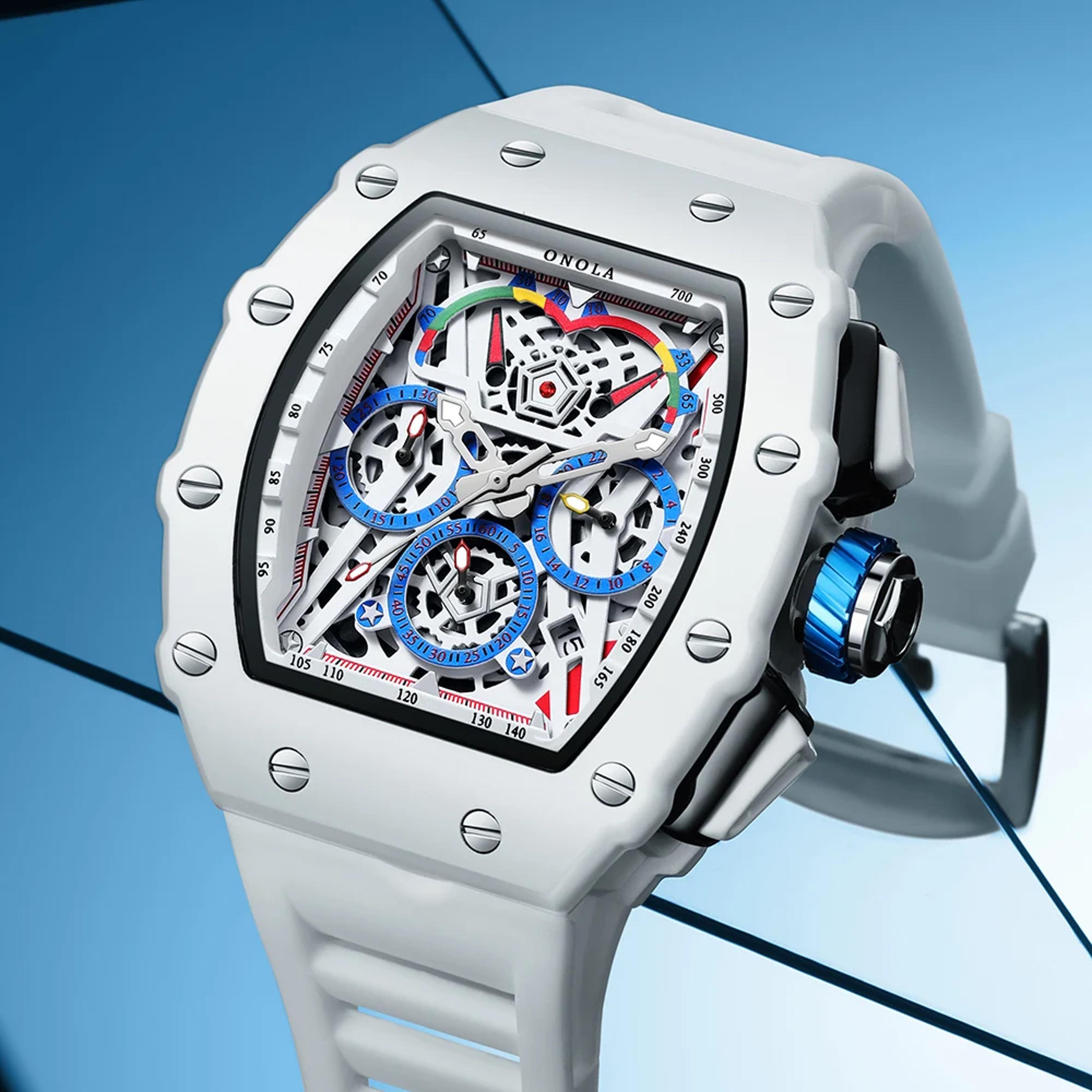 trend white men waterproof chronograph quartz sports watch with silicone strap