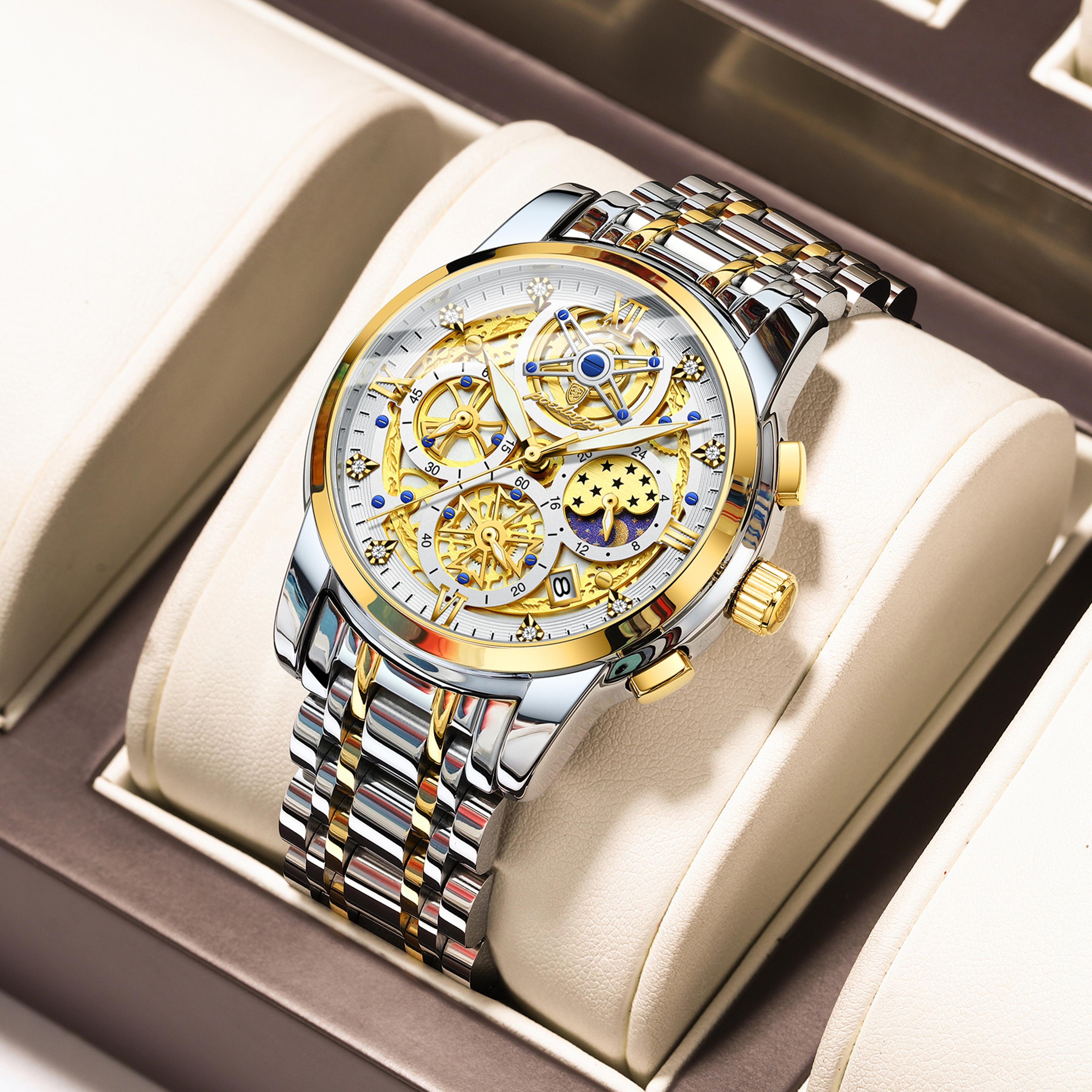 luxury mens quartz chronograph watch stainless steel waterproof luminous date wristwatch