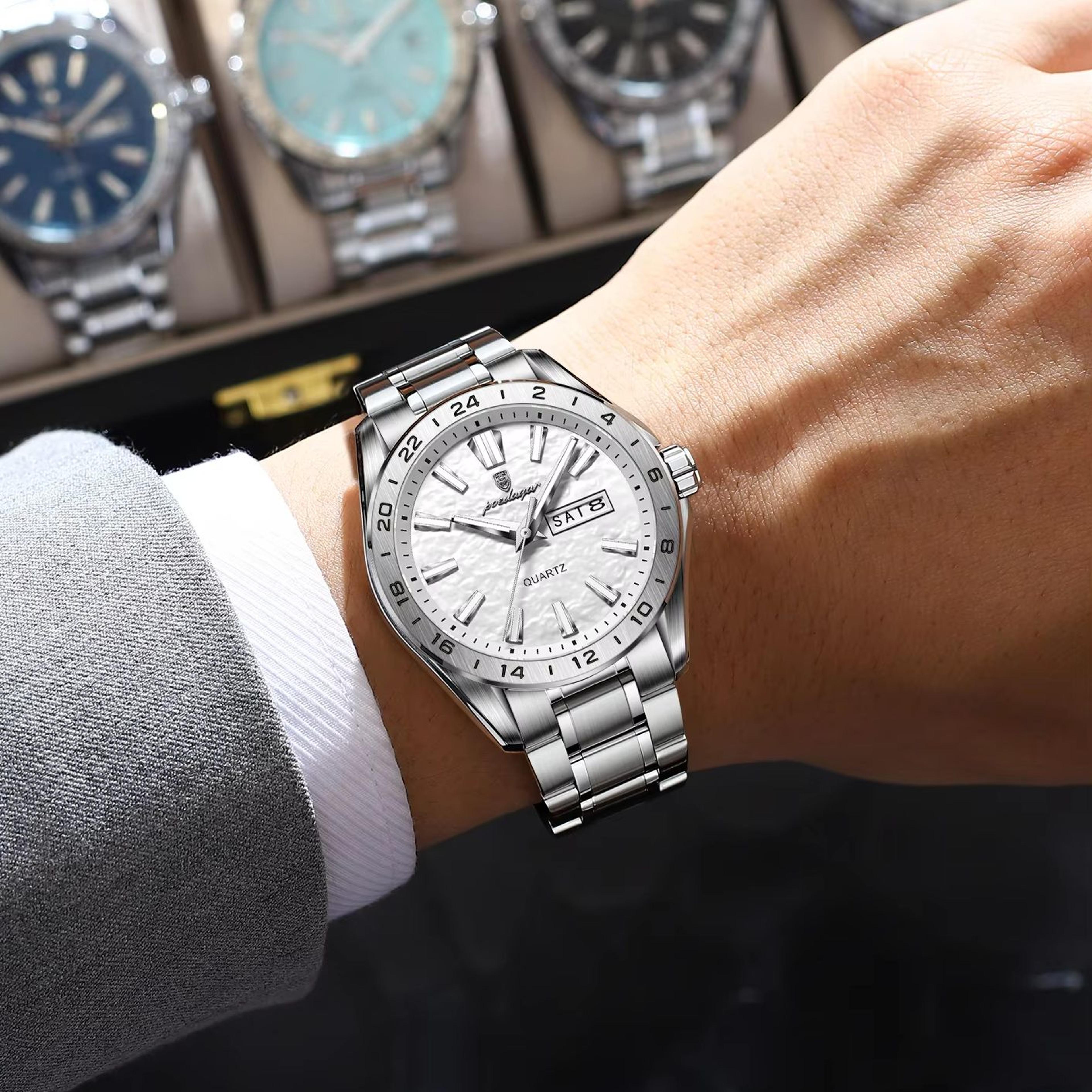 classic mens waterproof luminous quartz watch with date week display business wristwatch