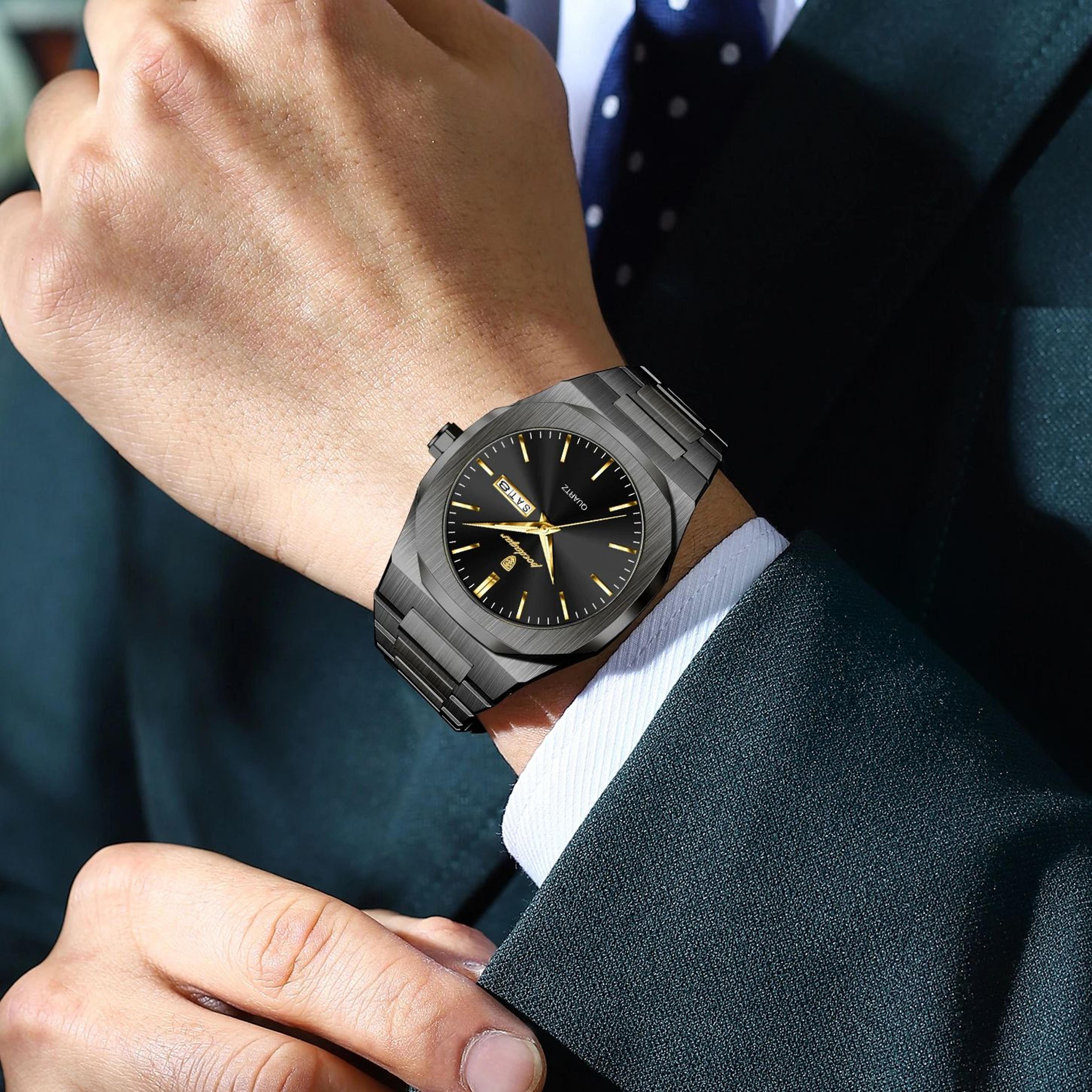 luxury mens waterproof luminous stainless steel quartz watch with date week display