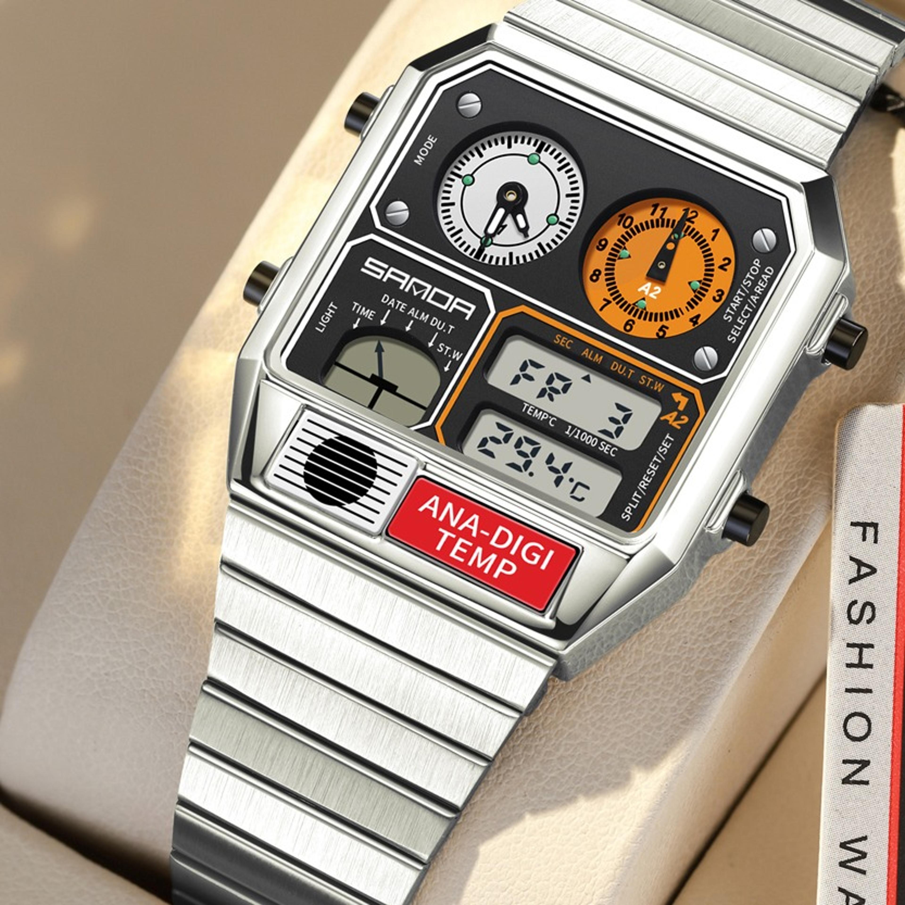 electronic digital watch for men with steel band temperature display stopwatch