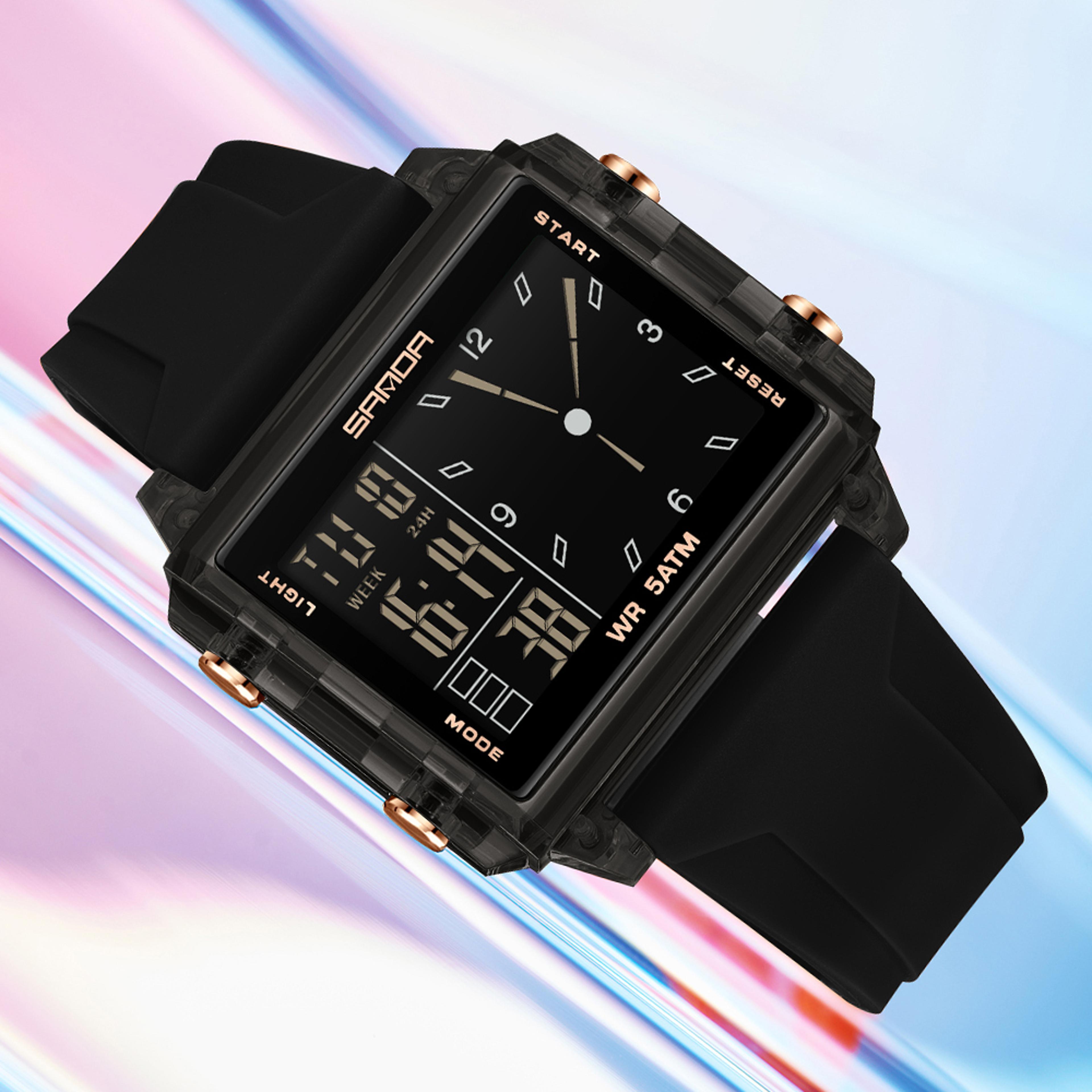 fashion square analog digital watch for men women waterproof world time timer